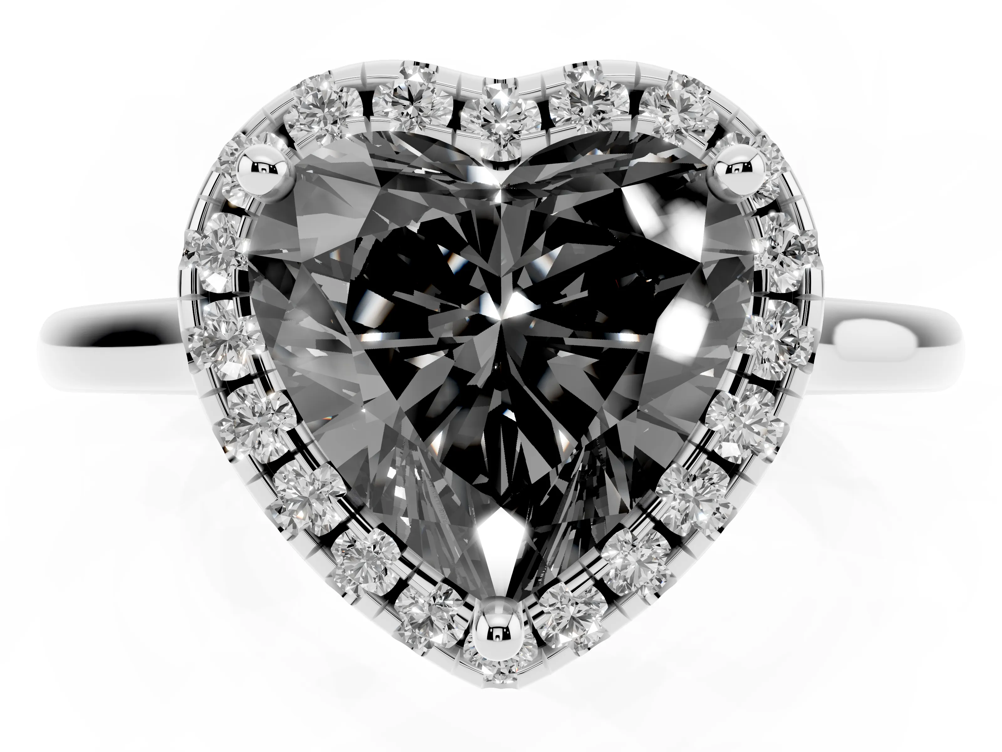 Fancy Black Heart Cut Diamond Halo Engagement Ring Set in White gold with Pavé Band and Rising Shoulders