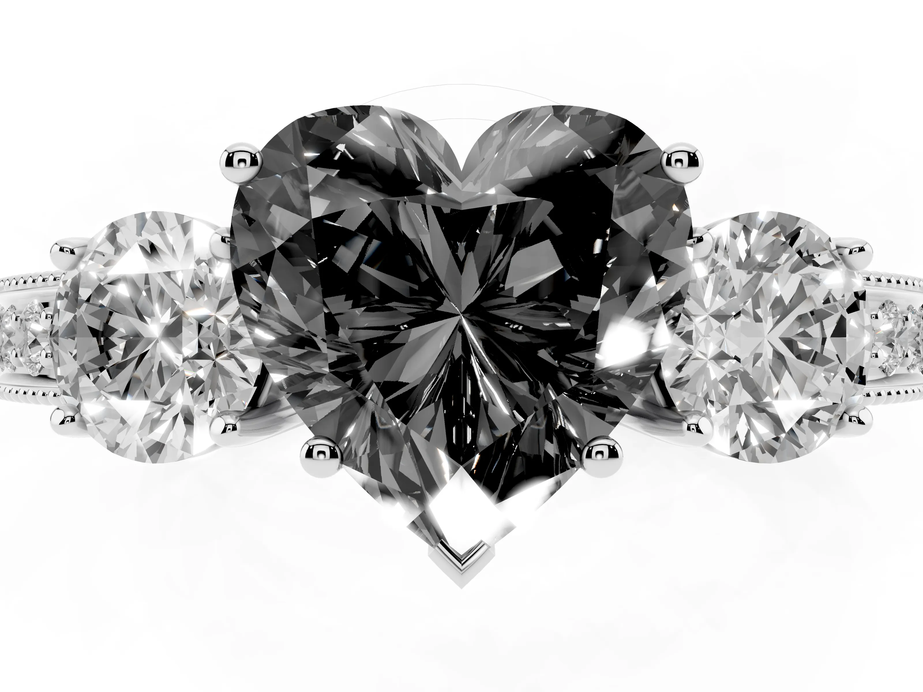Fancy Black Heart Cut Diamond Three-Stone Ring Set in White gold with Round Side Stones and Pavé Band