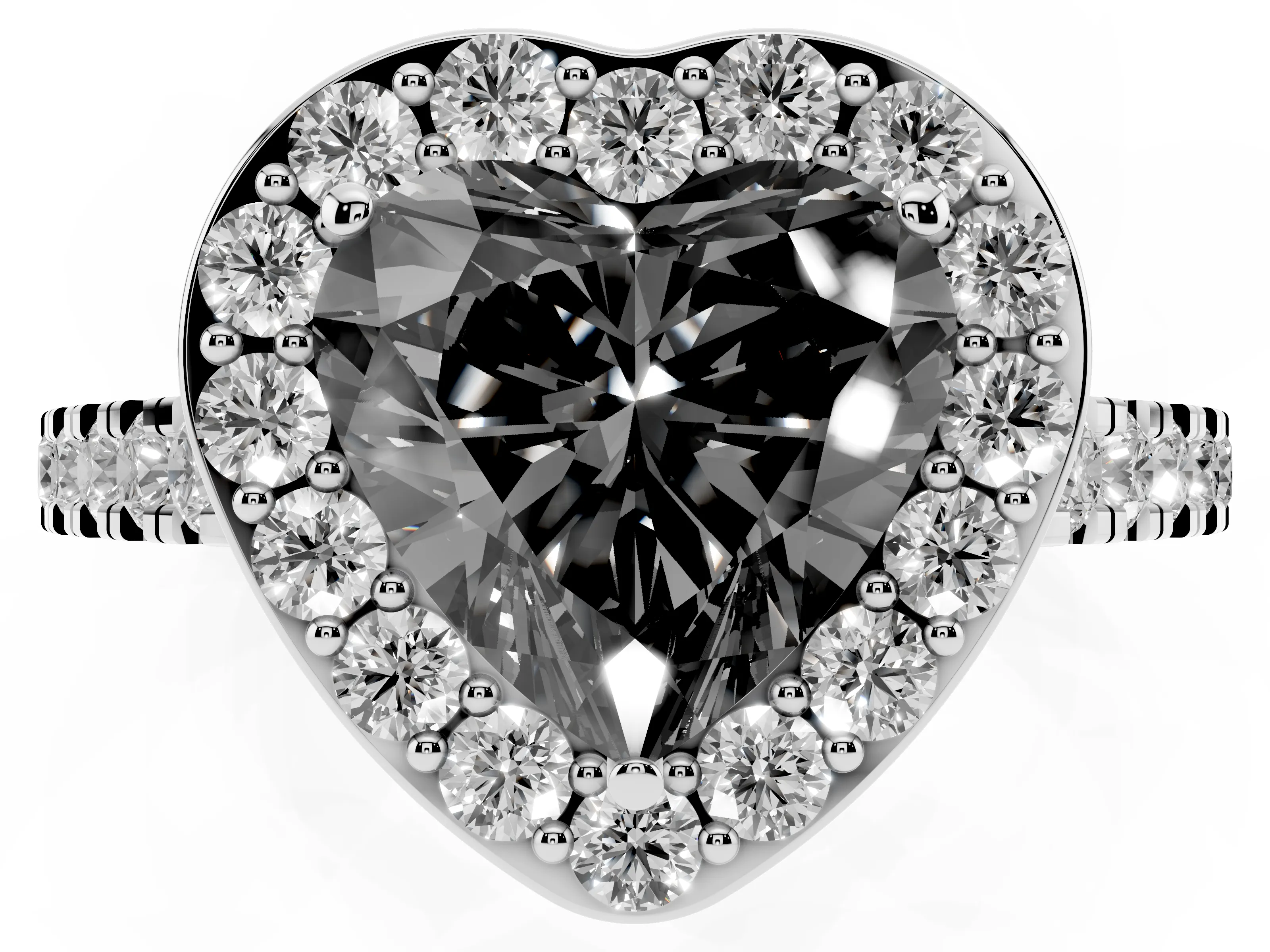Fancy Black Heart Cut Diamond Halo Ring Set in Platinum with Round Pavé Split Shank and Prong Setting