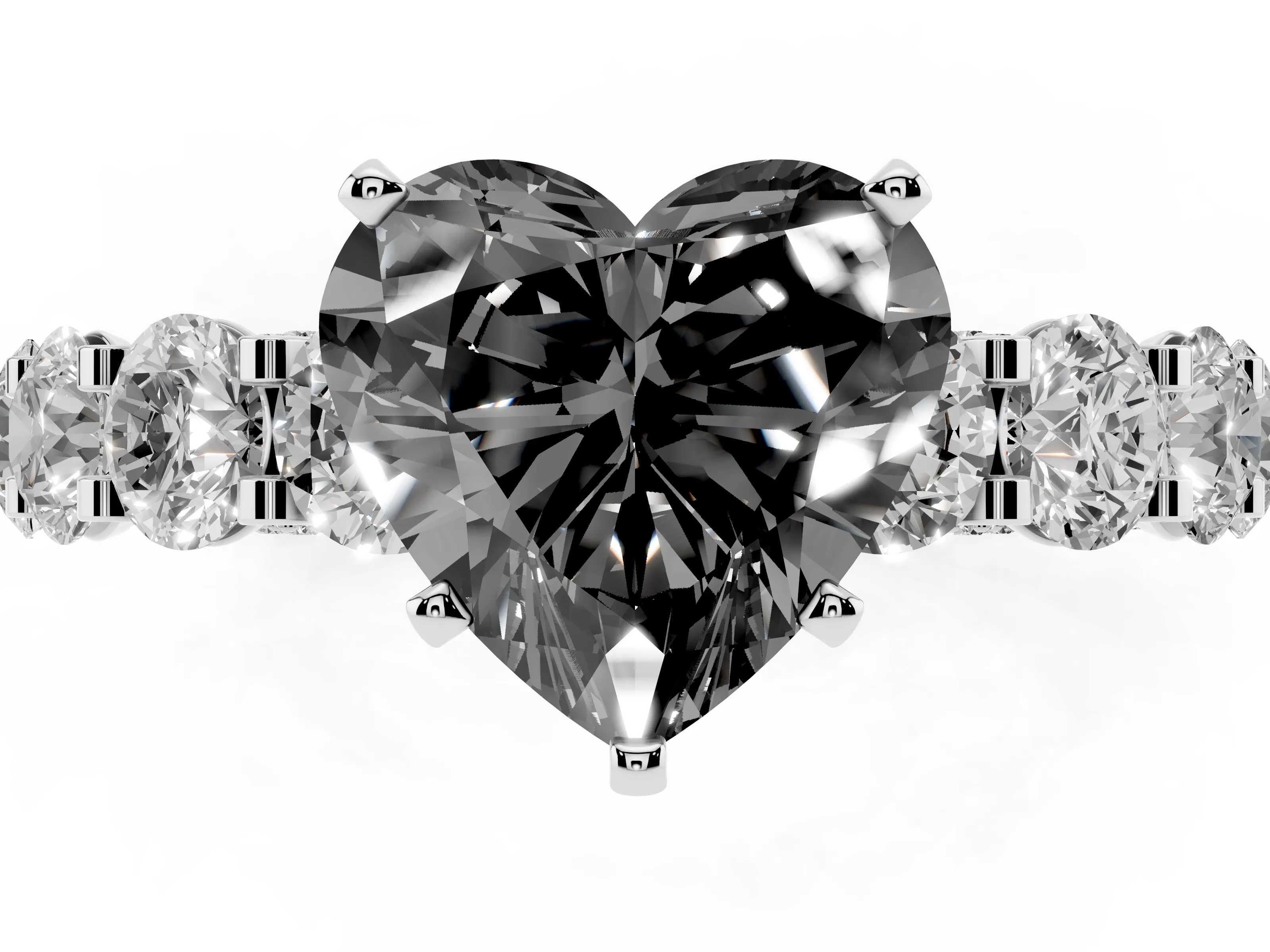 Fancy Black Heart Cut Diamond Side Stone Ring Set in Silver with Alternating Round and Oval Side Stones