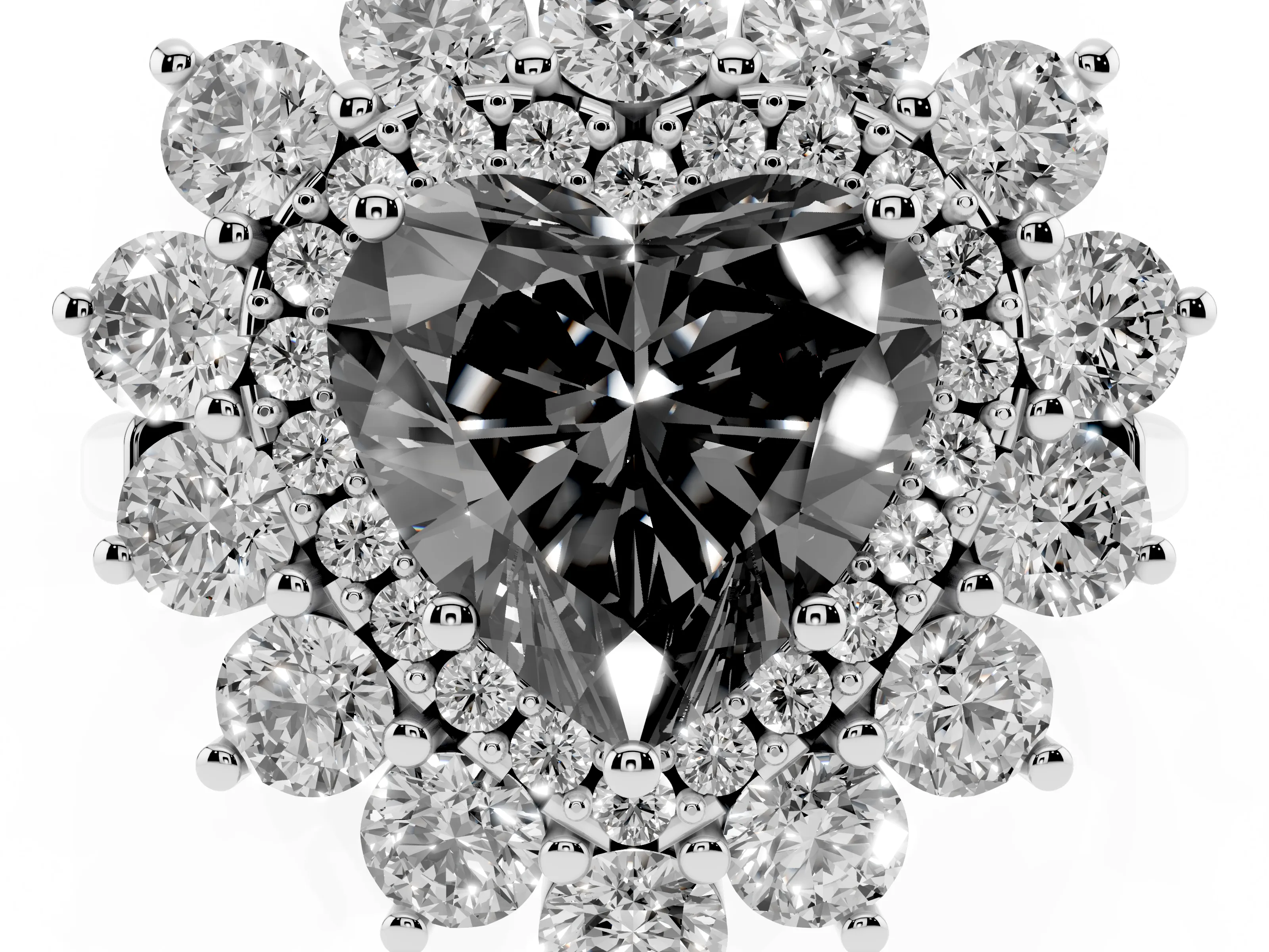Fancy Black Heart Cut Diamond Floral Double Halo Ring Set in Silver with Round Petals