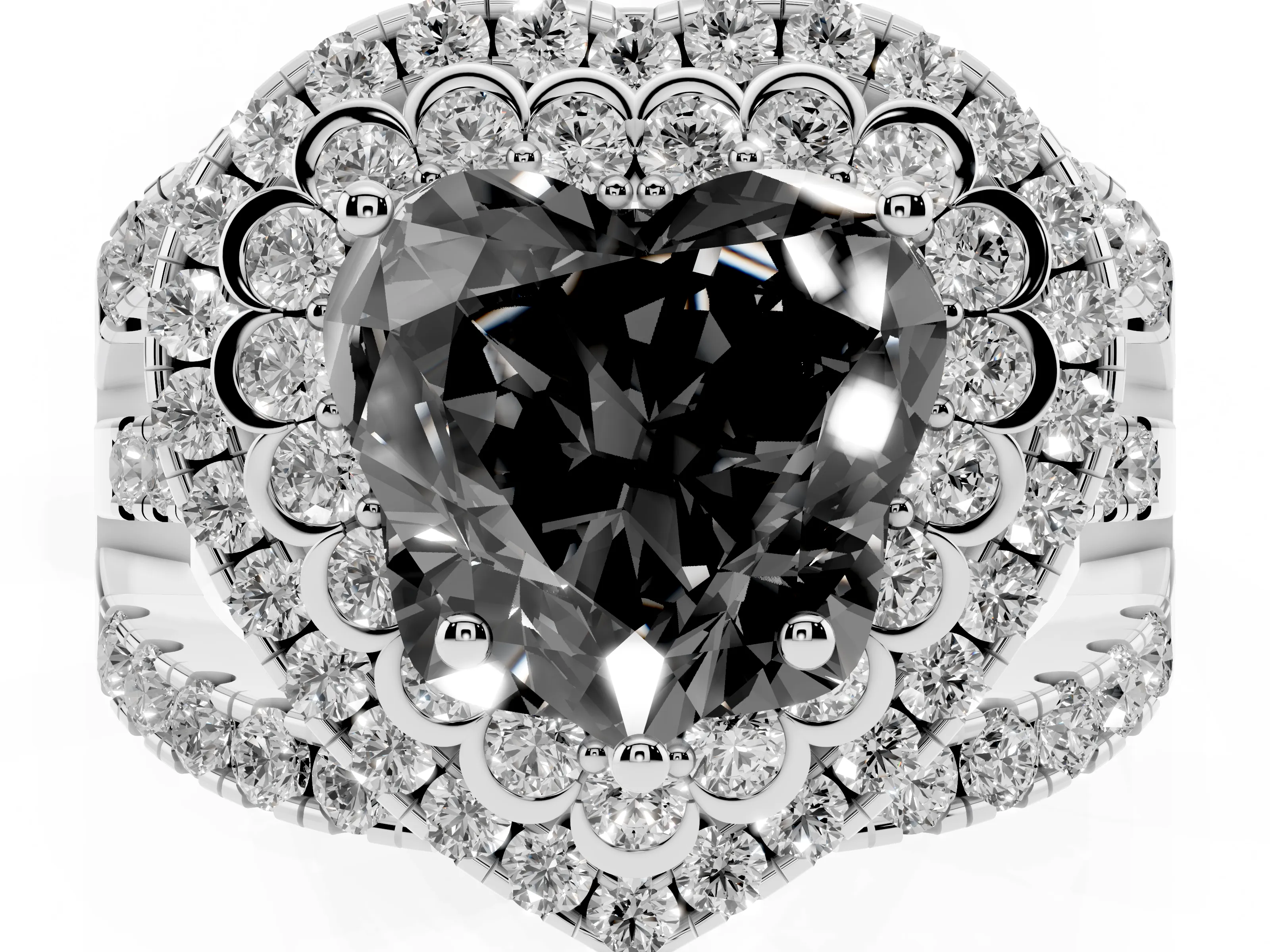 Fancy Black Heart Cut Diamond Double Halo Ring Set in White gold with Round Pavé Split Shank