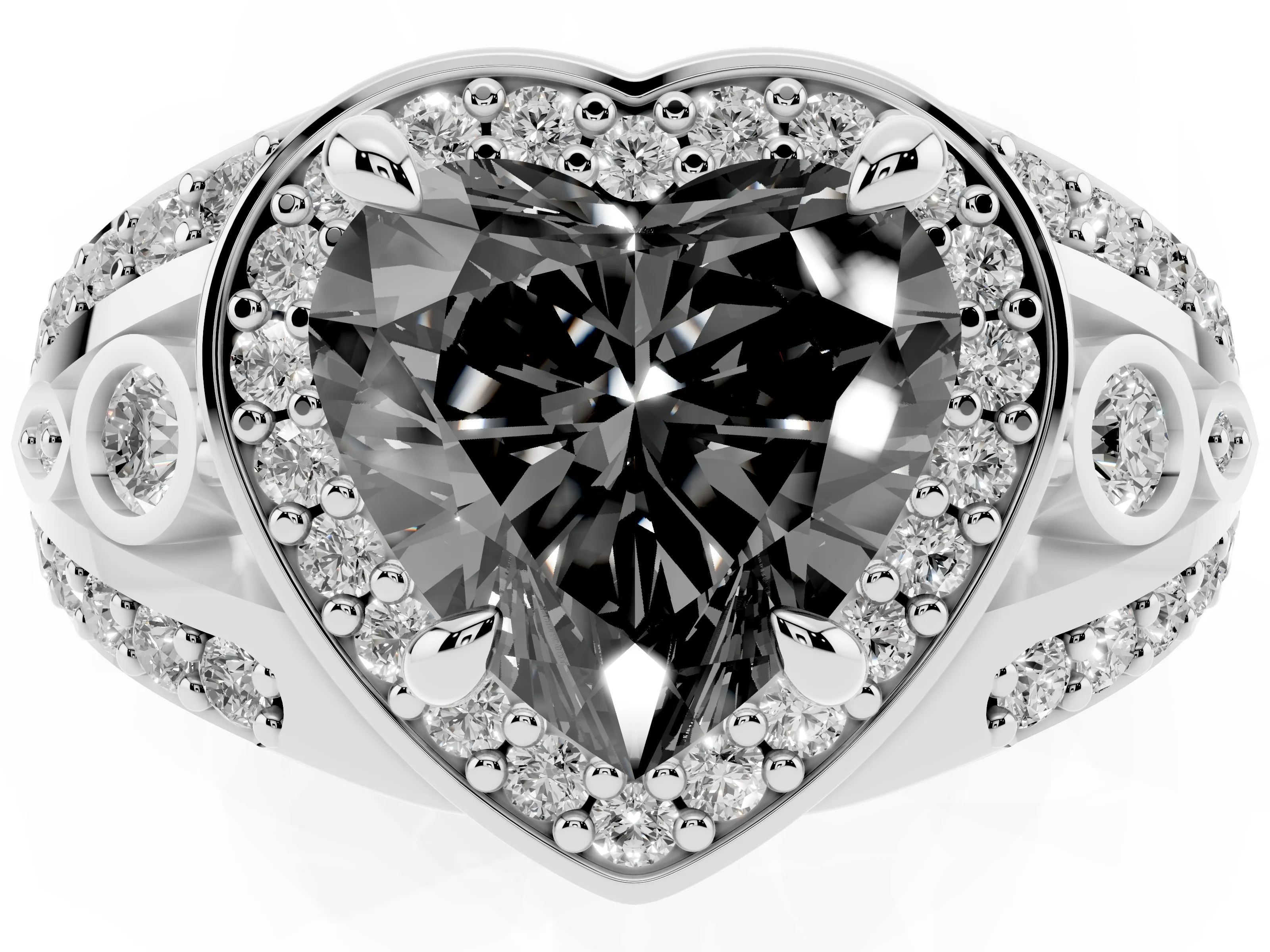 Fancy Black Heart Cut Diamond Halo Ring Set in White gold with Pavé Split Shank and Bezel Accents