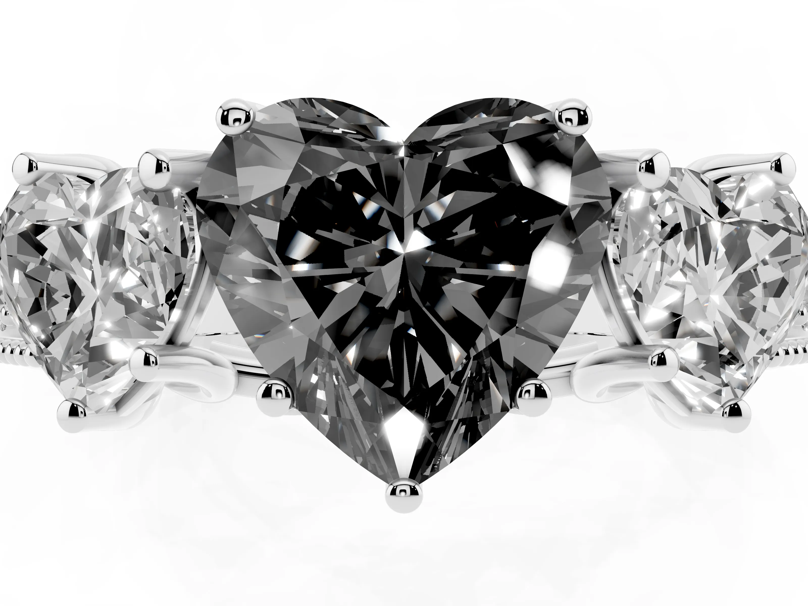Fancy Black Heart Cut Diamond Three-Stone Engagement Ring Set in Silver with Milgrain Pavé Band