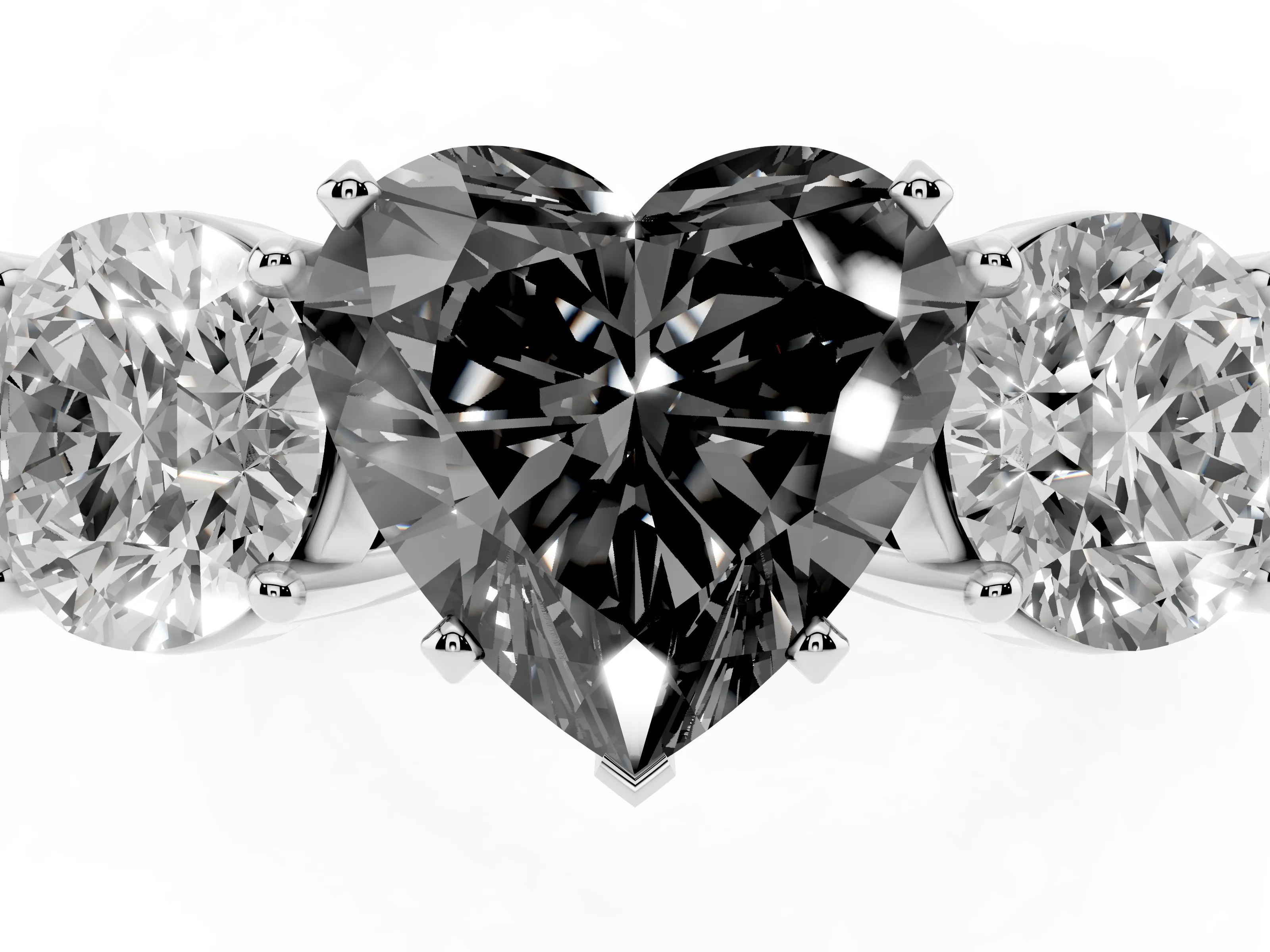 Fancy Black Heart Cut Diamond Three-Stone Ring Set in Silver with Round Side Stones and Classic Band