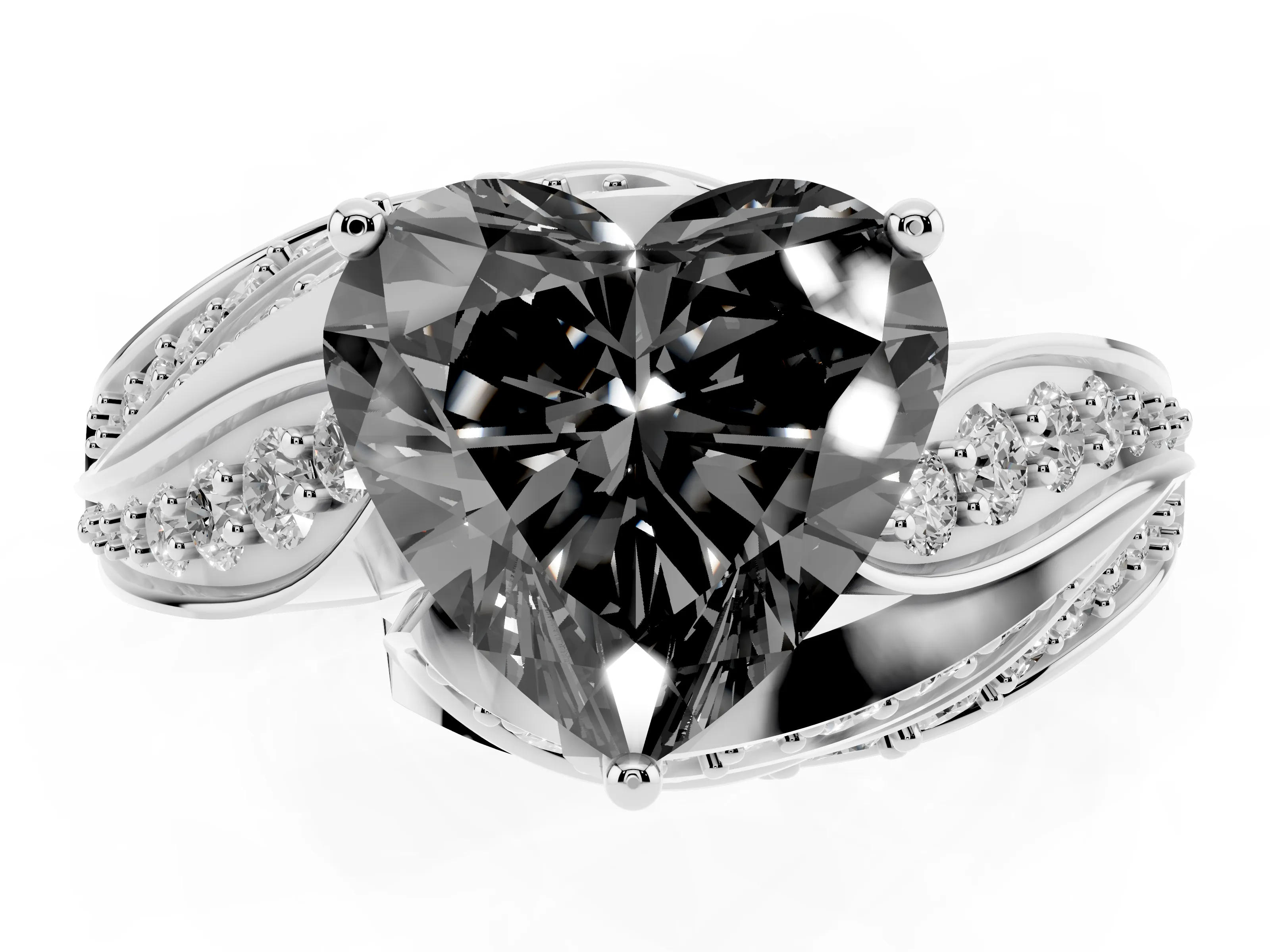 Fancy Black Heart Cut Diamond Solitaire Ring Set in Silver with Layered Twist Pavé Band