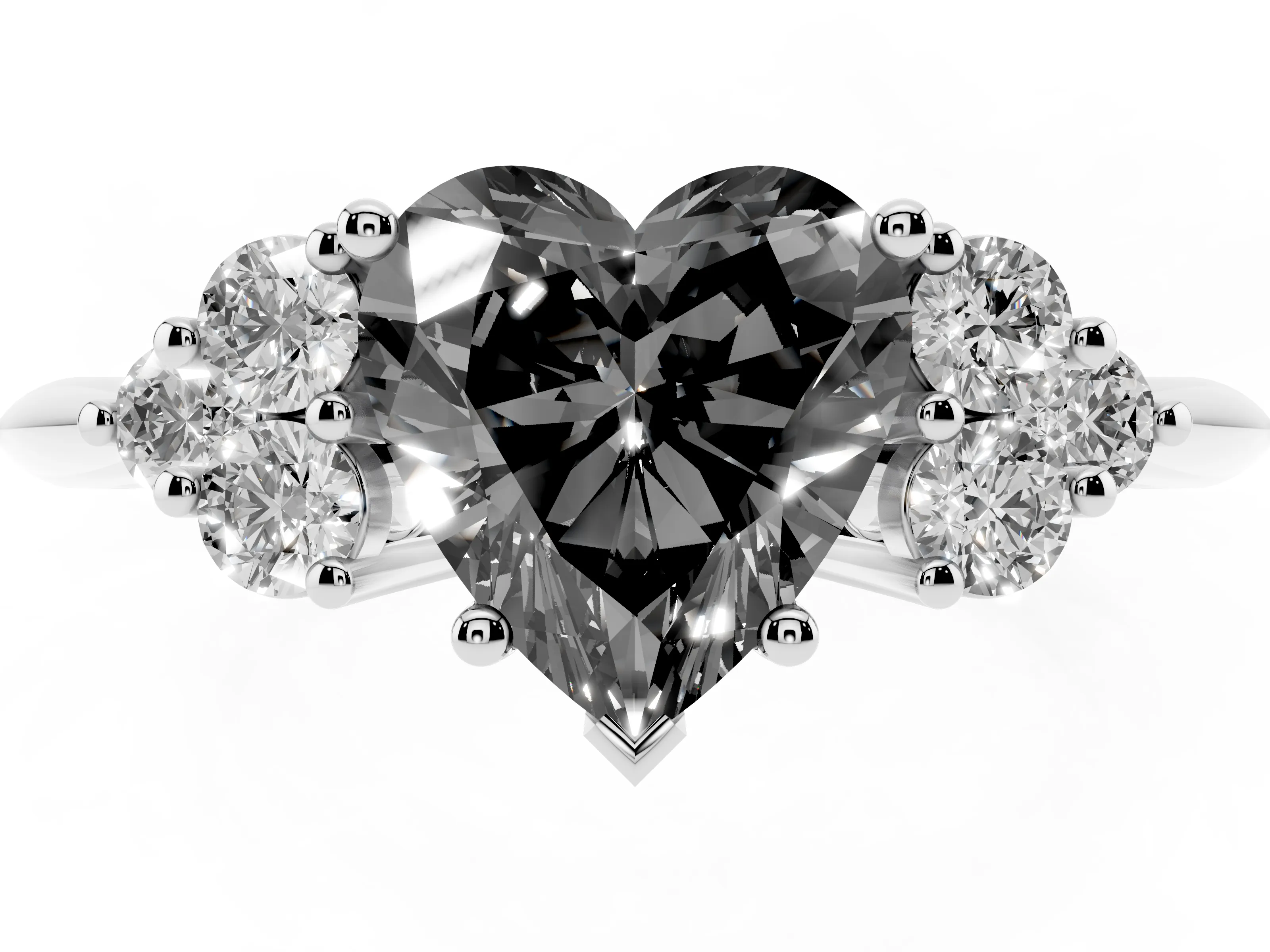 Fancy Black Heart Cut Diamond Cluster Ring Set in Silver with Plain Band and Prong Setting