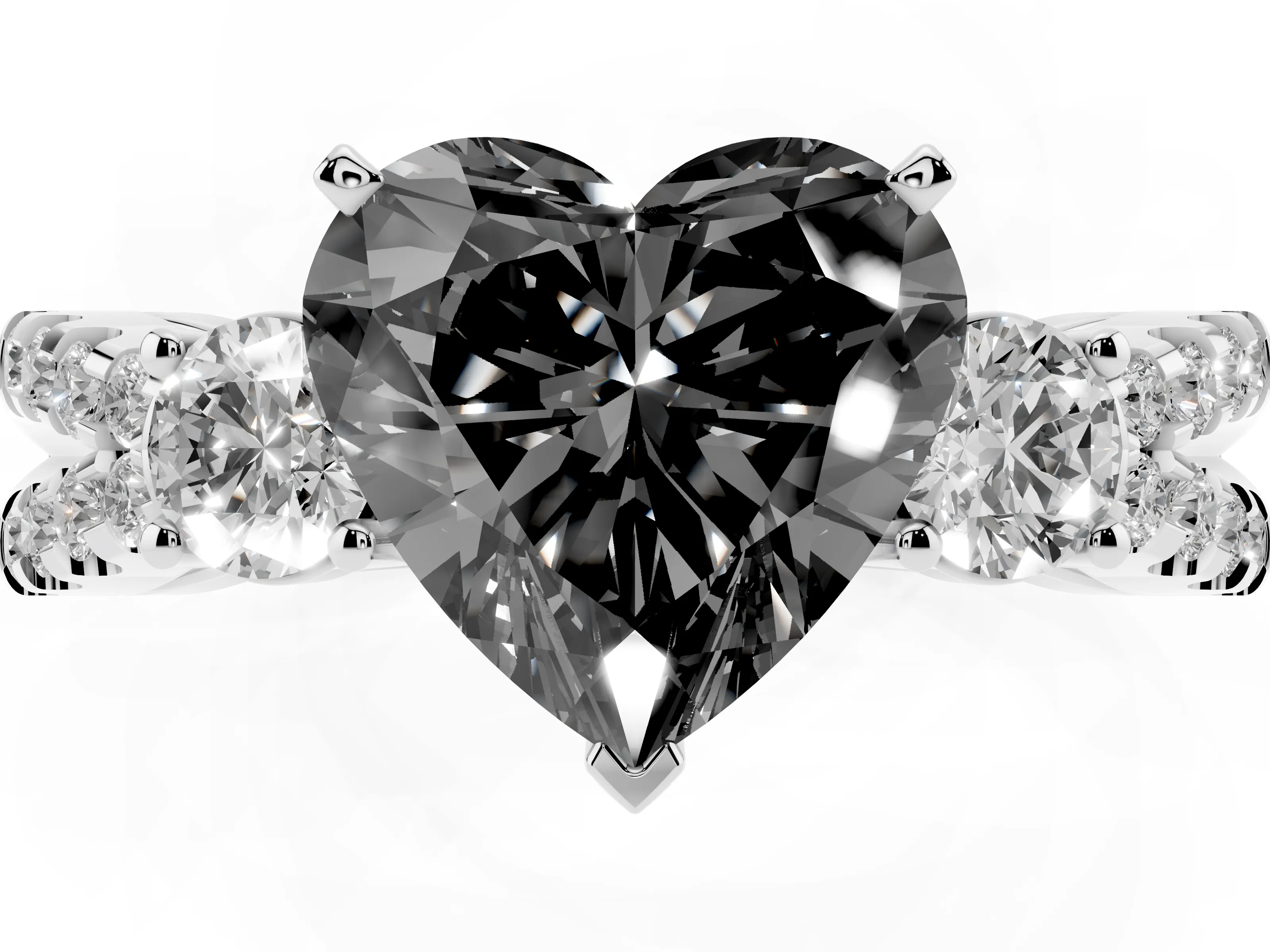 Fancy Black Heart Cut Diamond Three-Stone Ring Set in White gold with Pavé Split Shank and Prong Setting