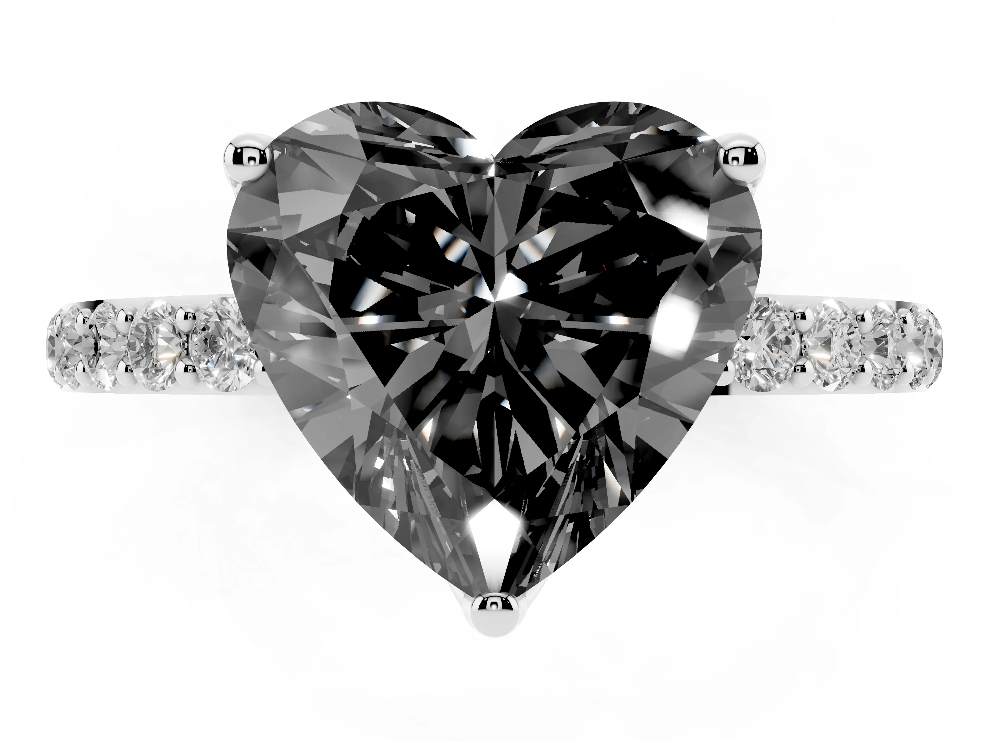 Fancy Black Heart Cut Diamond Solitaire Engagement Ring Set in White gold with Round Pavé Band and Prong Setting