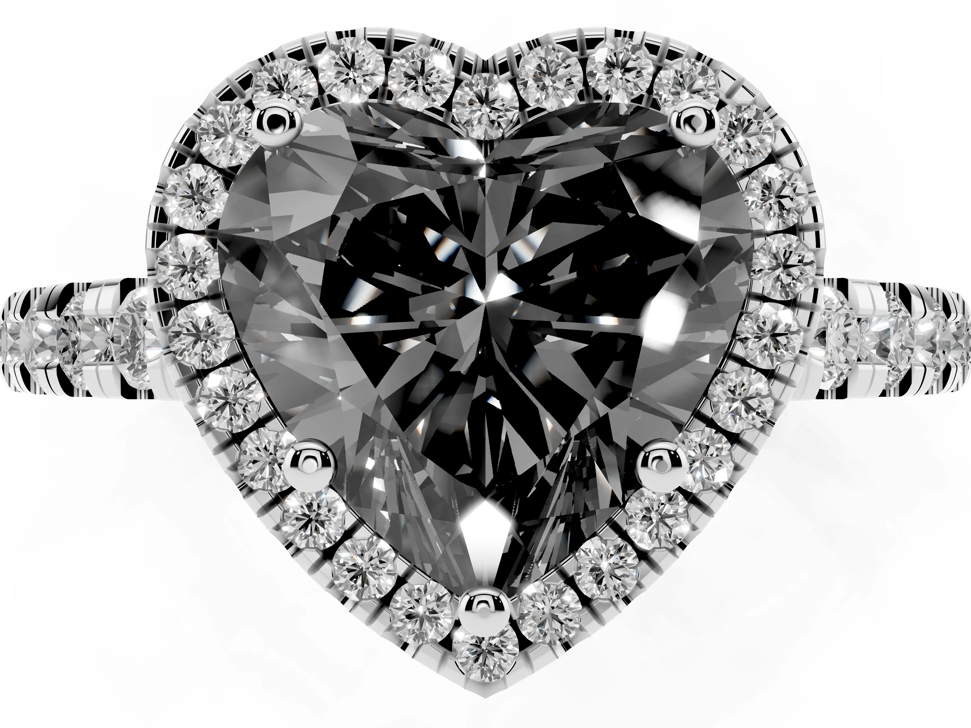 Fancy Black Heart Cut Diamond Halo Ring Set in Silver with Delicate Pavé Band and Prong Setting