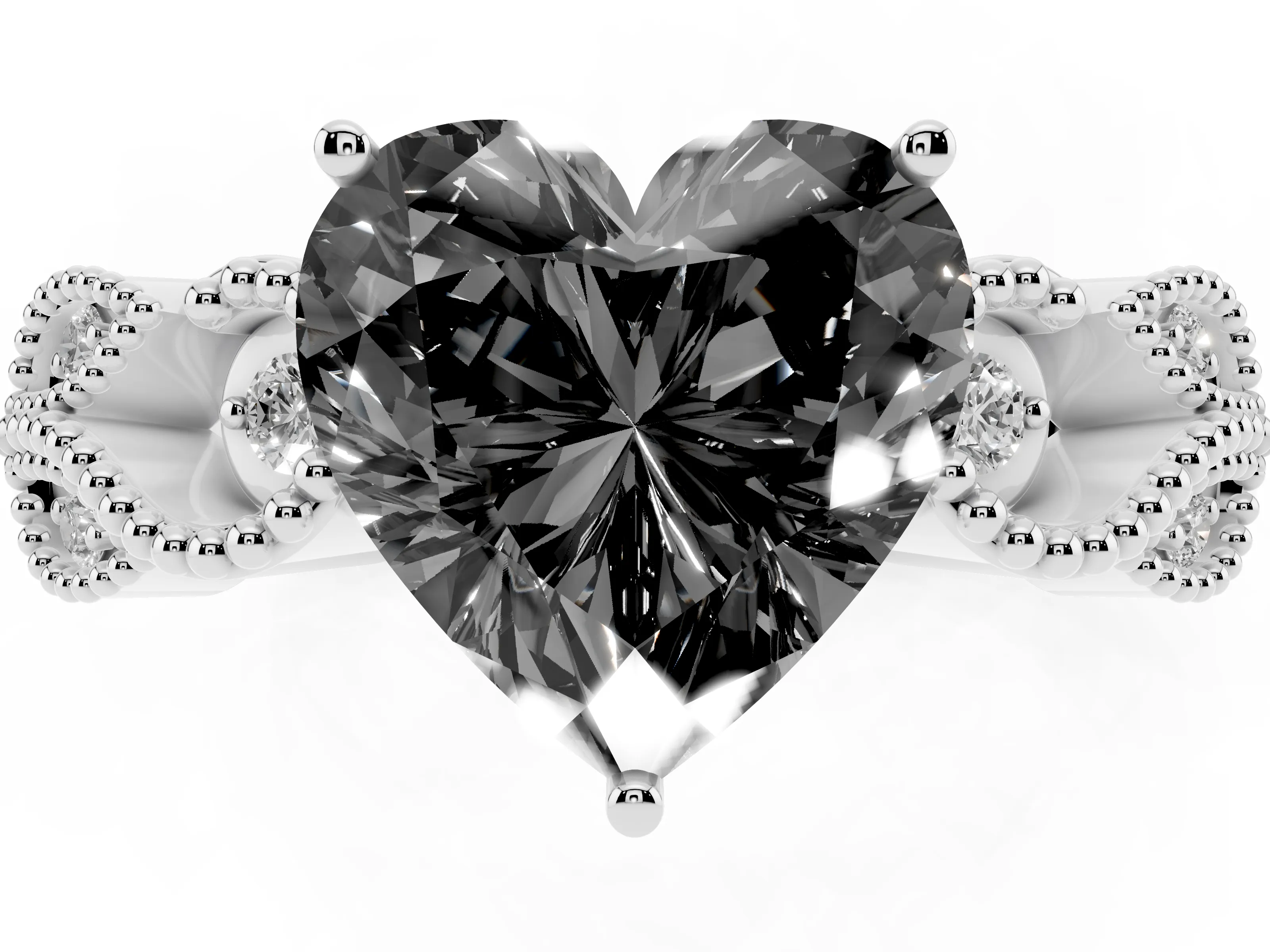 Fancy Black Heart Cut Diamond Milgrain Leaf Band Solitaire Ring Set in Silver with Accent Stones and Prong Setting