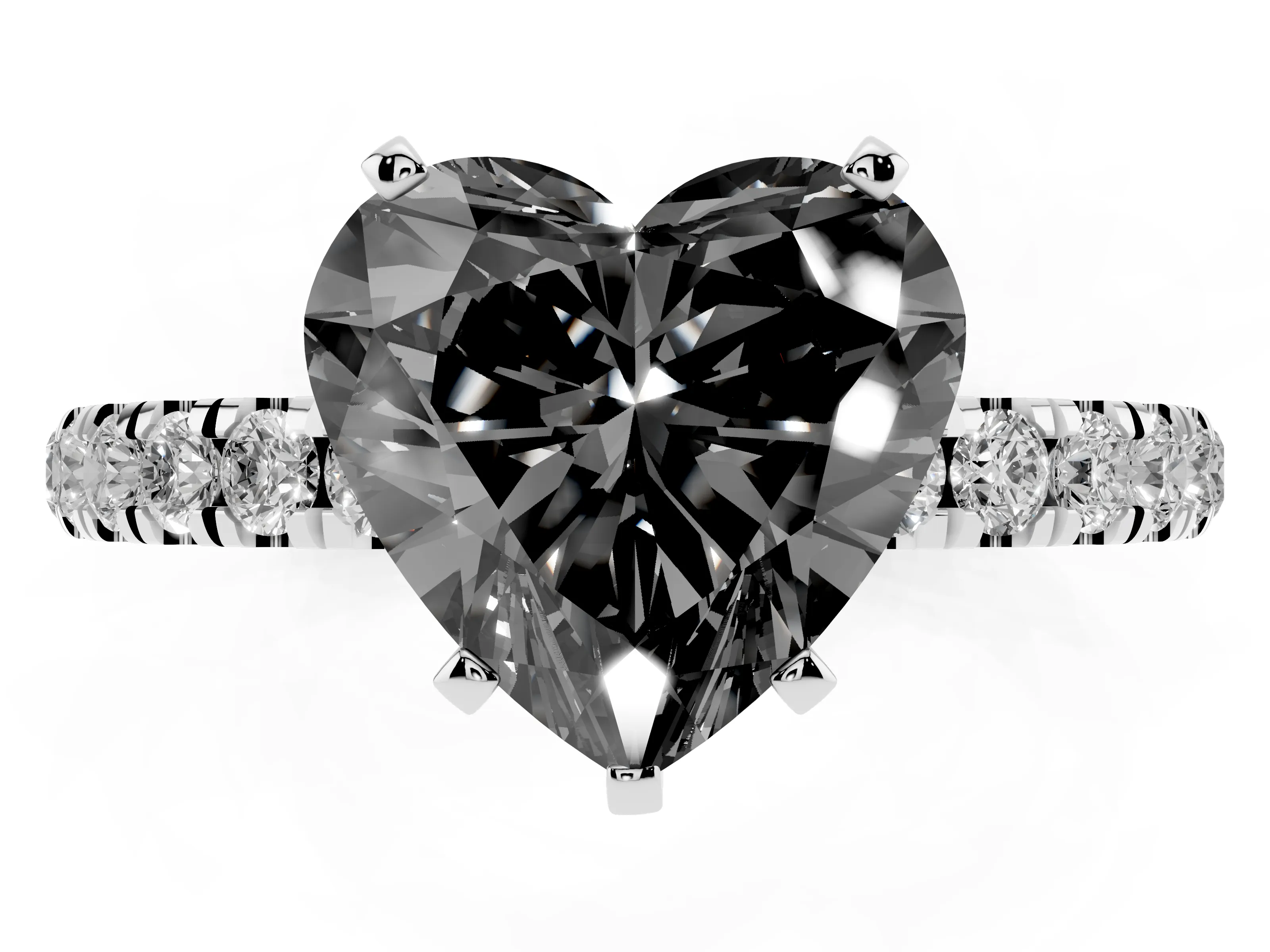 Fancy Black Heart Cut Diamond Solitaire Ring Set in Platinum with Pavé Accents and Prong Setting