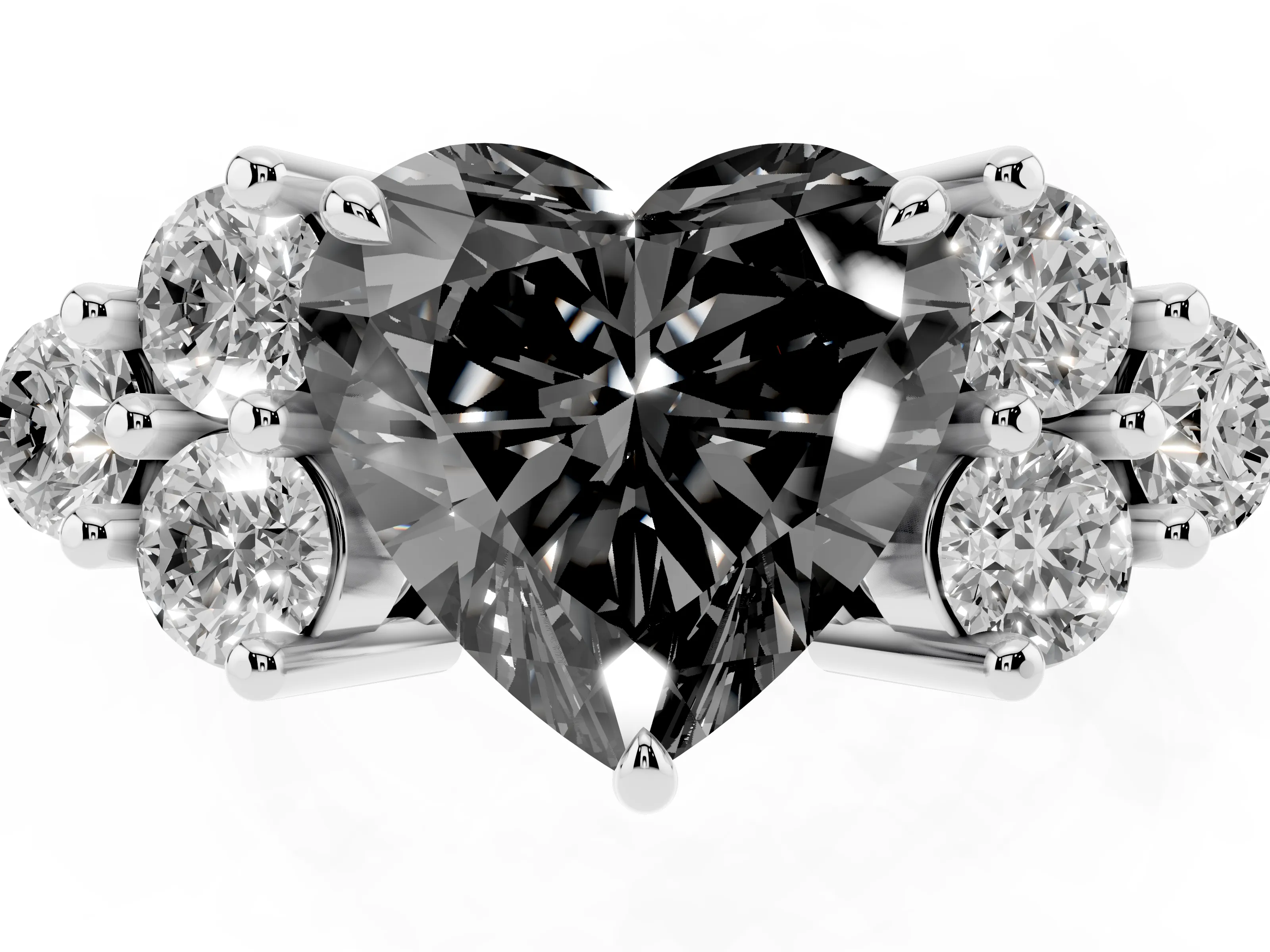 Fancy Black Heart Cut Diamond Solitaire Ring Set in Silver with Cluster Accents on Each Side