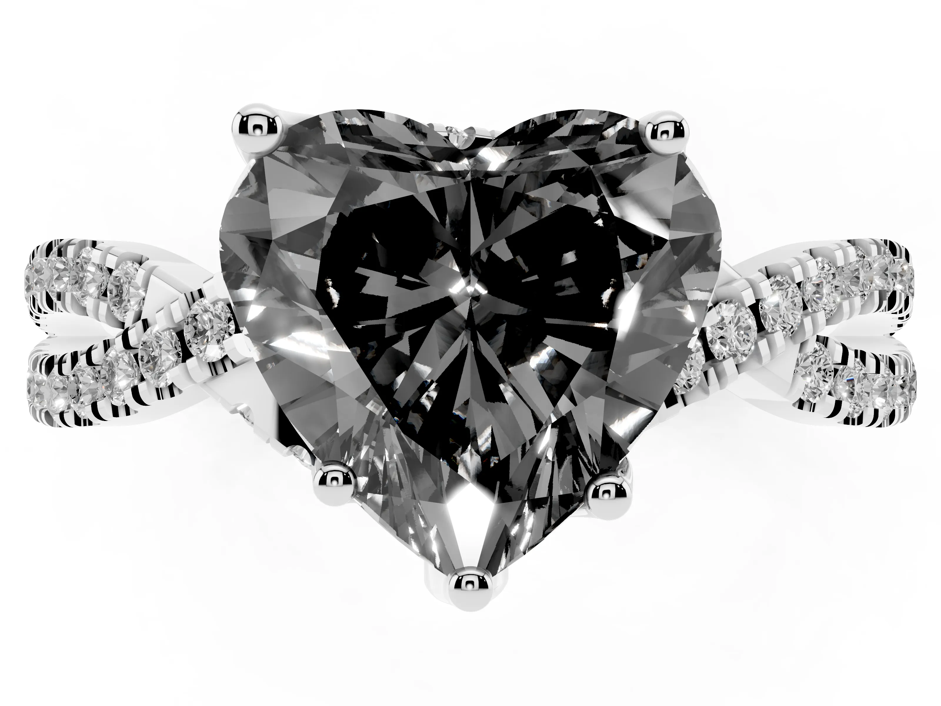 Fancy Black Heart Cut Diamond Twist Pavé Solitaire Engagement Ring Set in Silver with Prong Setting