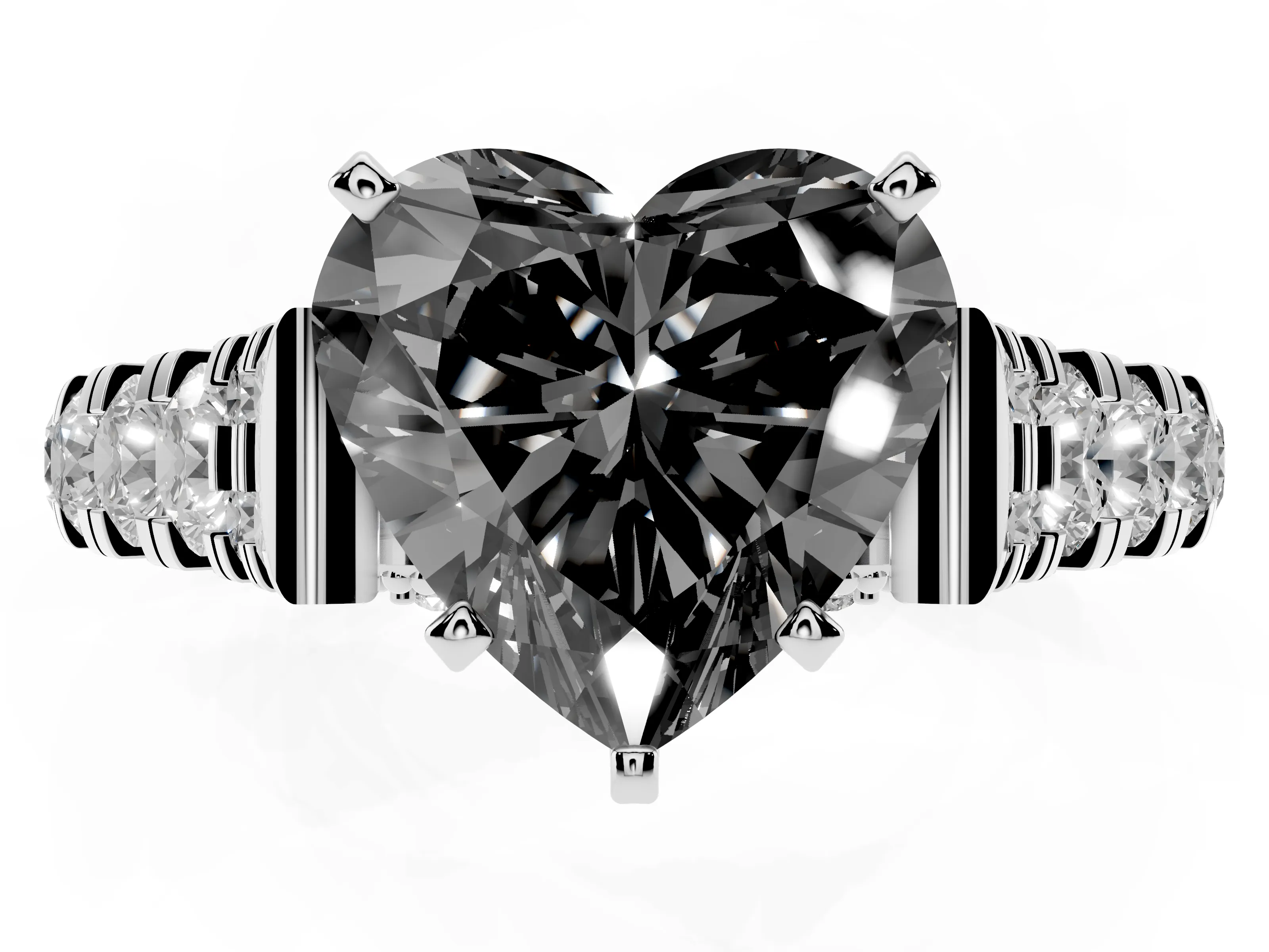 Fancy Black Heart Cut Diamond Classic Solitaire Ring Set in White gold with Pavé Band and Prong Setting