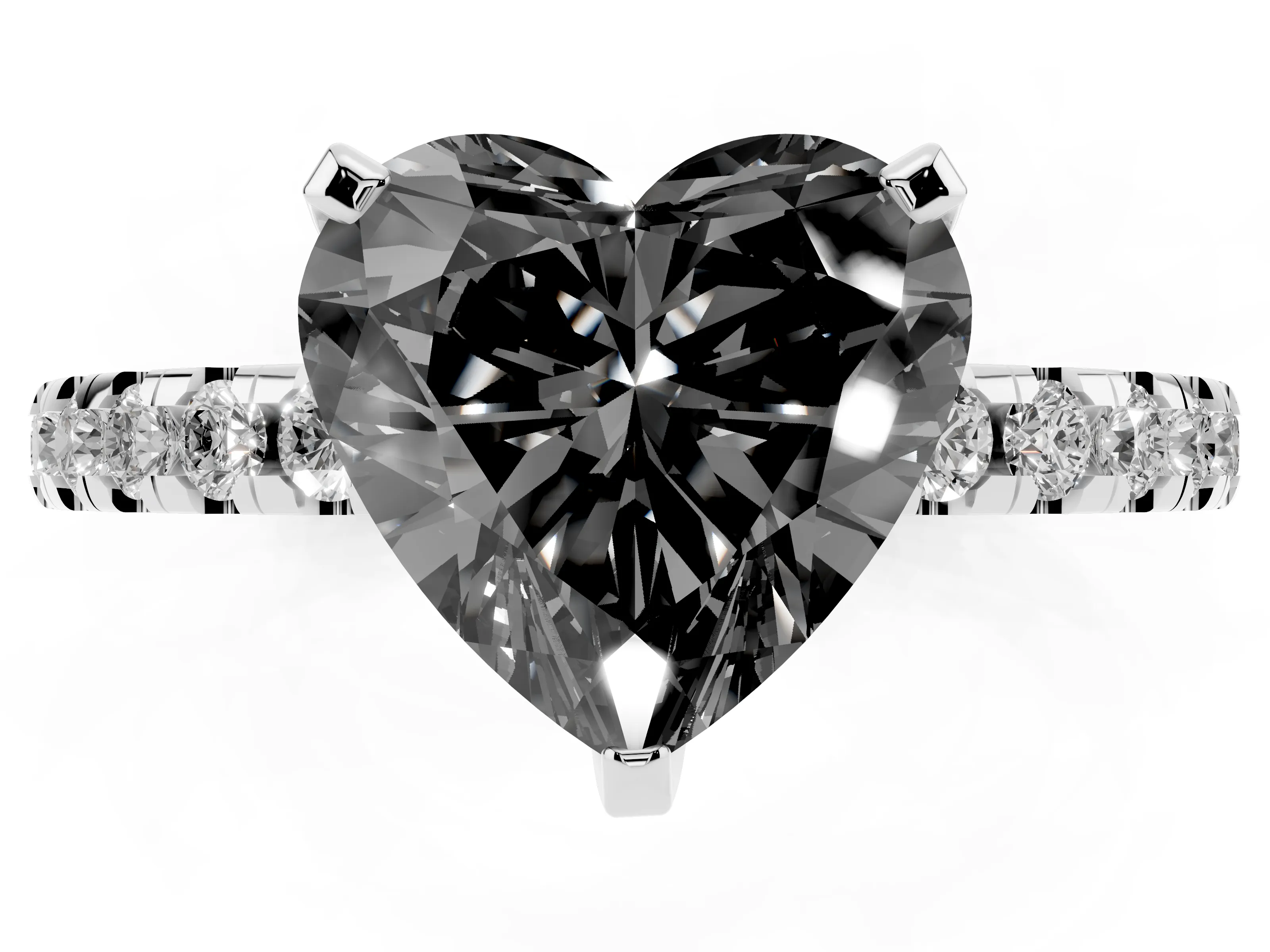 Fancy Black Heart Cut Diamond Pavé Solitaire Ring Set in White gold with Round Band Accents and Prong Setting