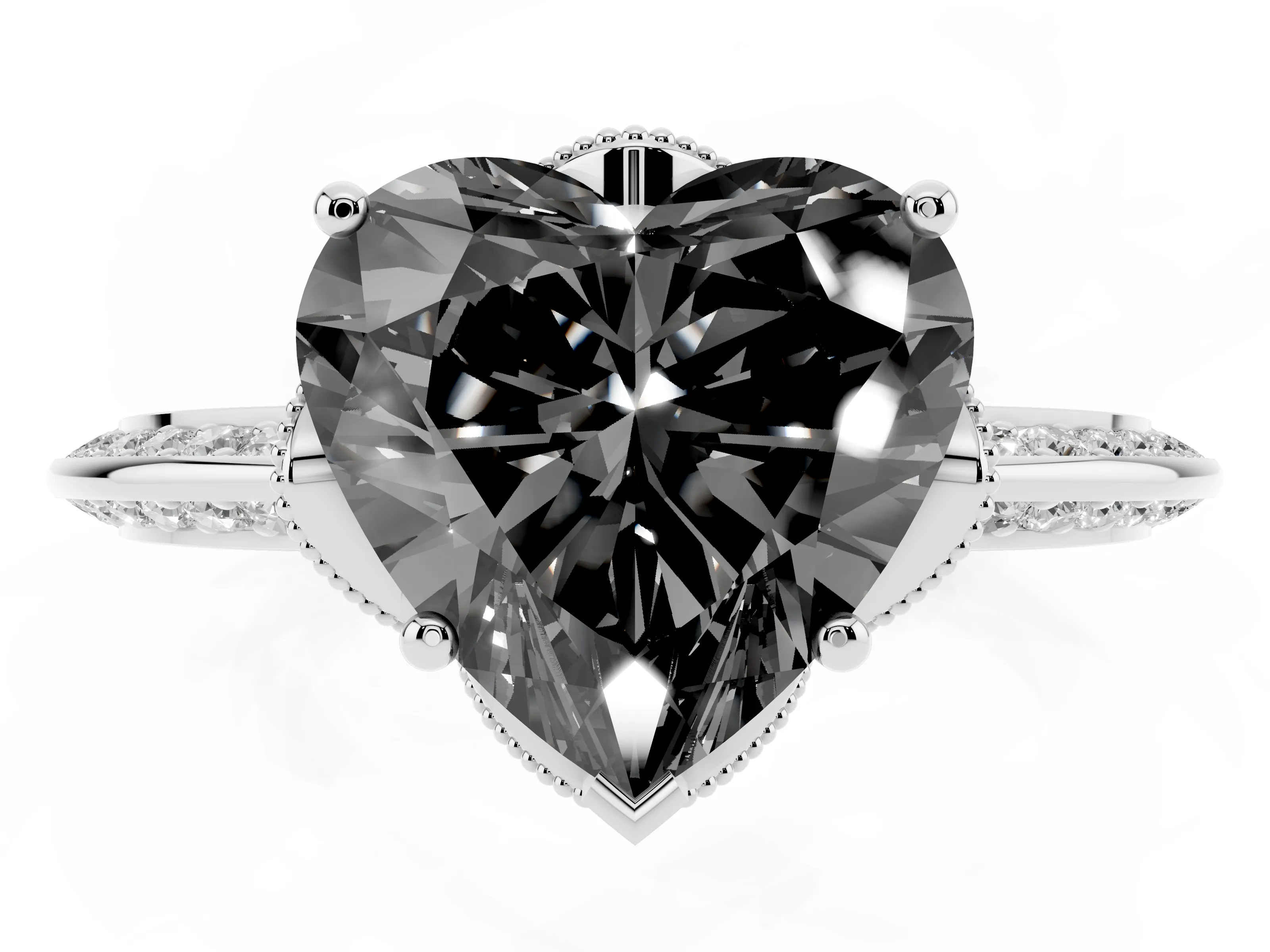 Fancy Black Heart Cut Diamond Solitaire Engagement Ring Set in Silver with Pavé Split Shank and Prong Setting