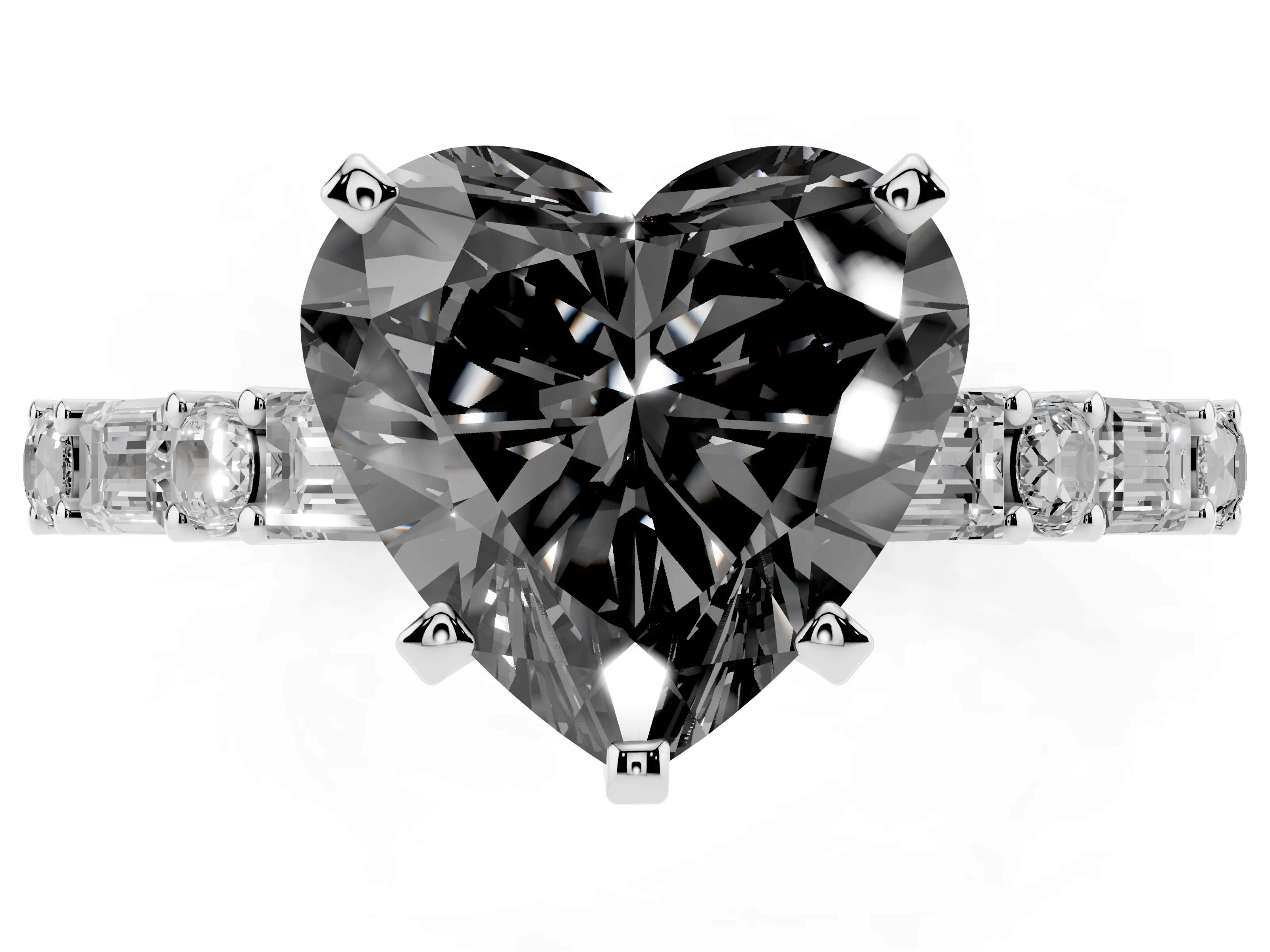 Fancy Black Heart Cut Diamond Solitaire Set in Silver with Side Baguettes and Channel Set Band