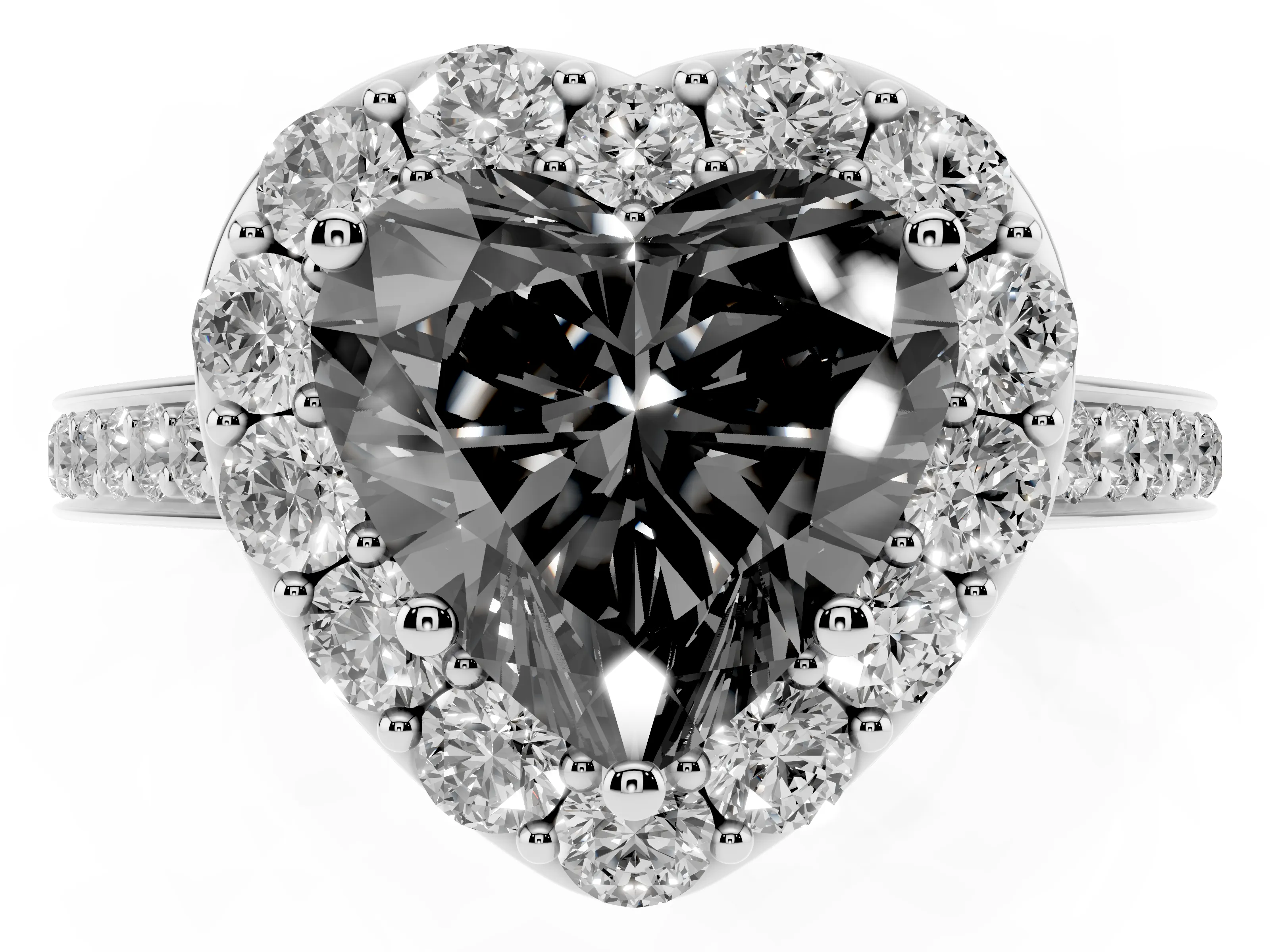 Fancy Black Heart Cut Diamond Floral Halo Ring Set in Platinum with Pavé Band and Prong Setting