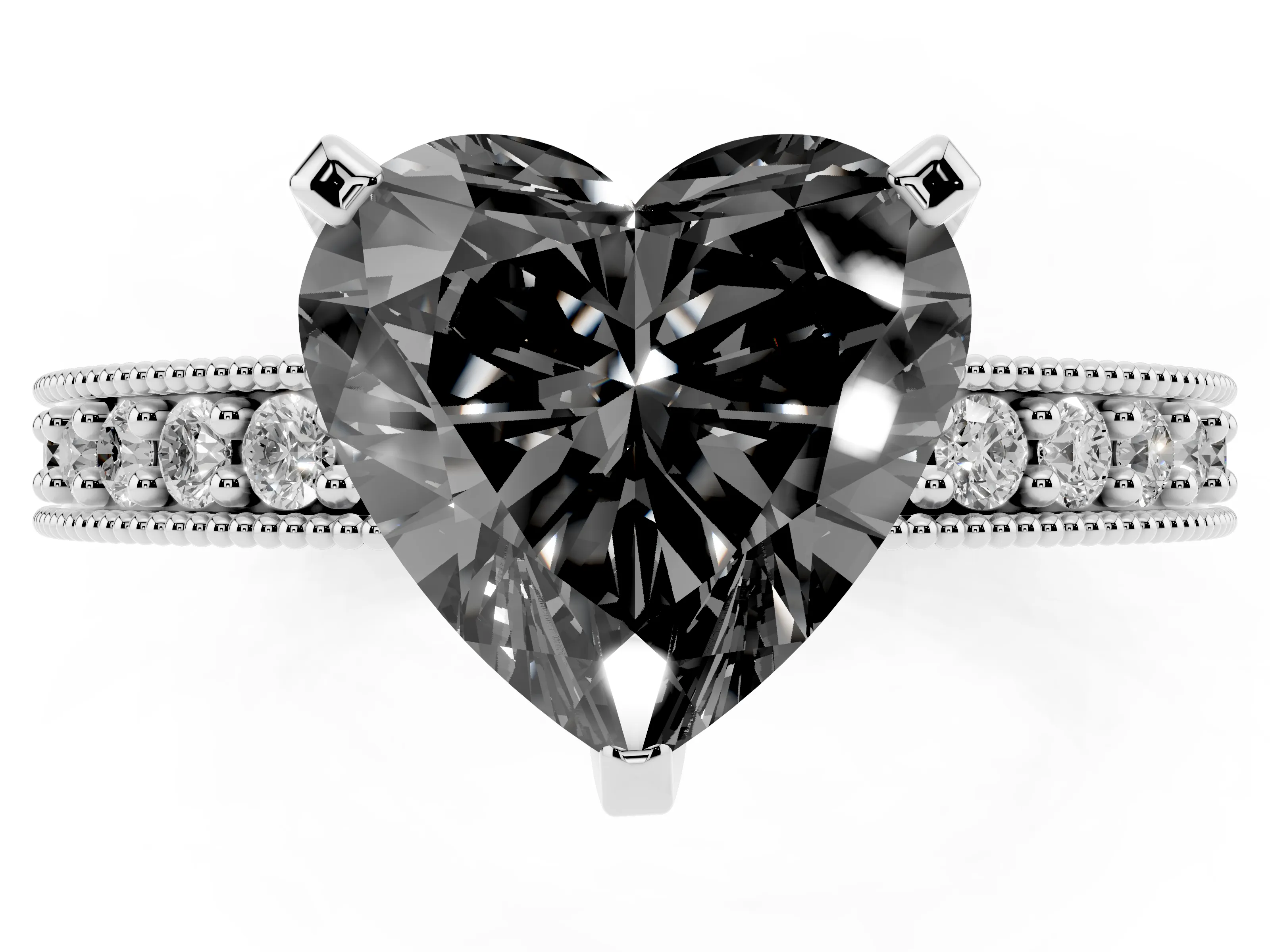 Fancy Black Heart Cut Diamond Milgrain Pavé Engagement Ring Set in Silver with Prong Setting