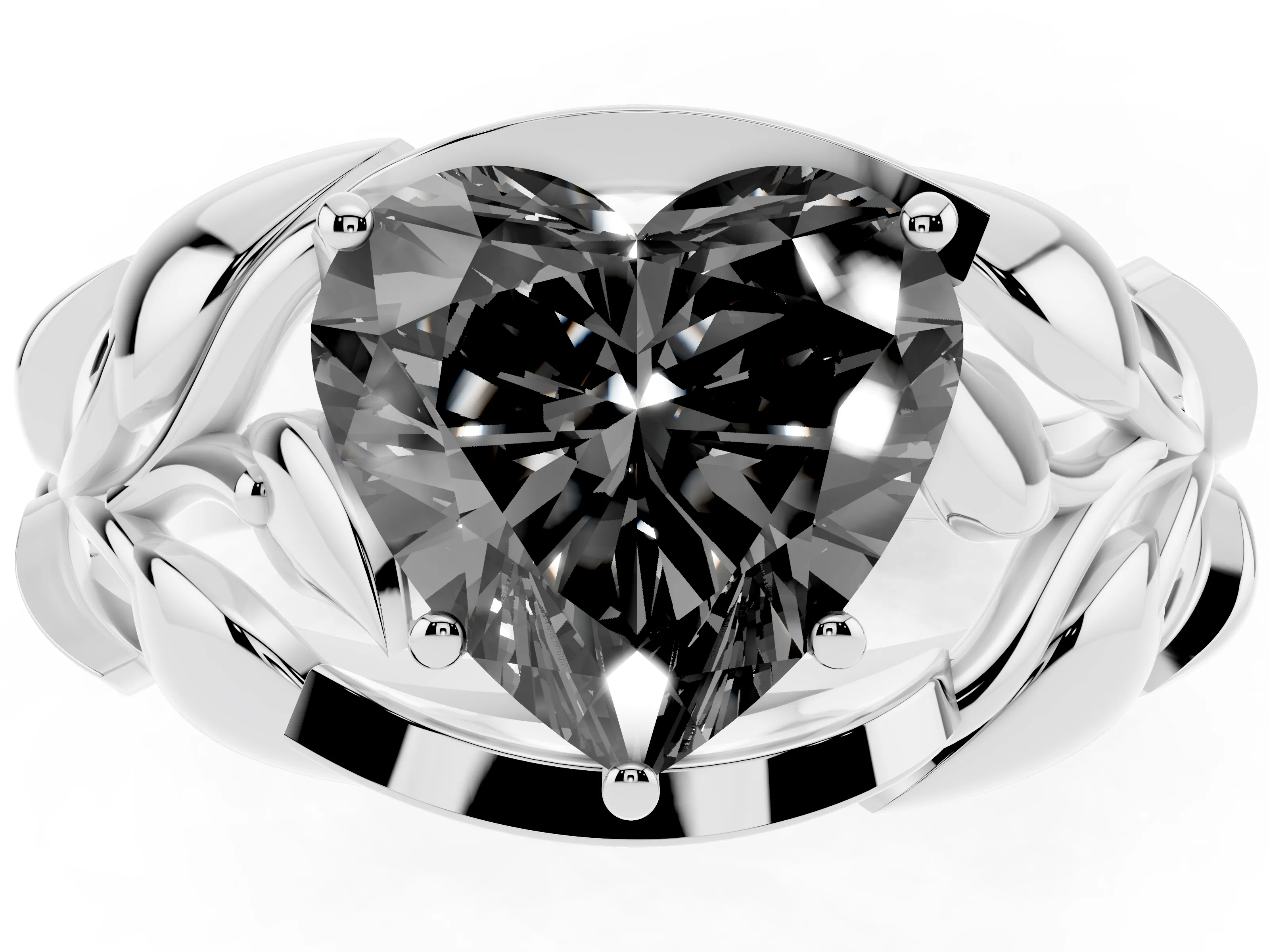 Fancy Black Heart Cut Diamond Leaf-Inspired Engagement Ring Set in Silver with Round Accents