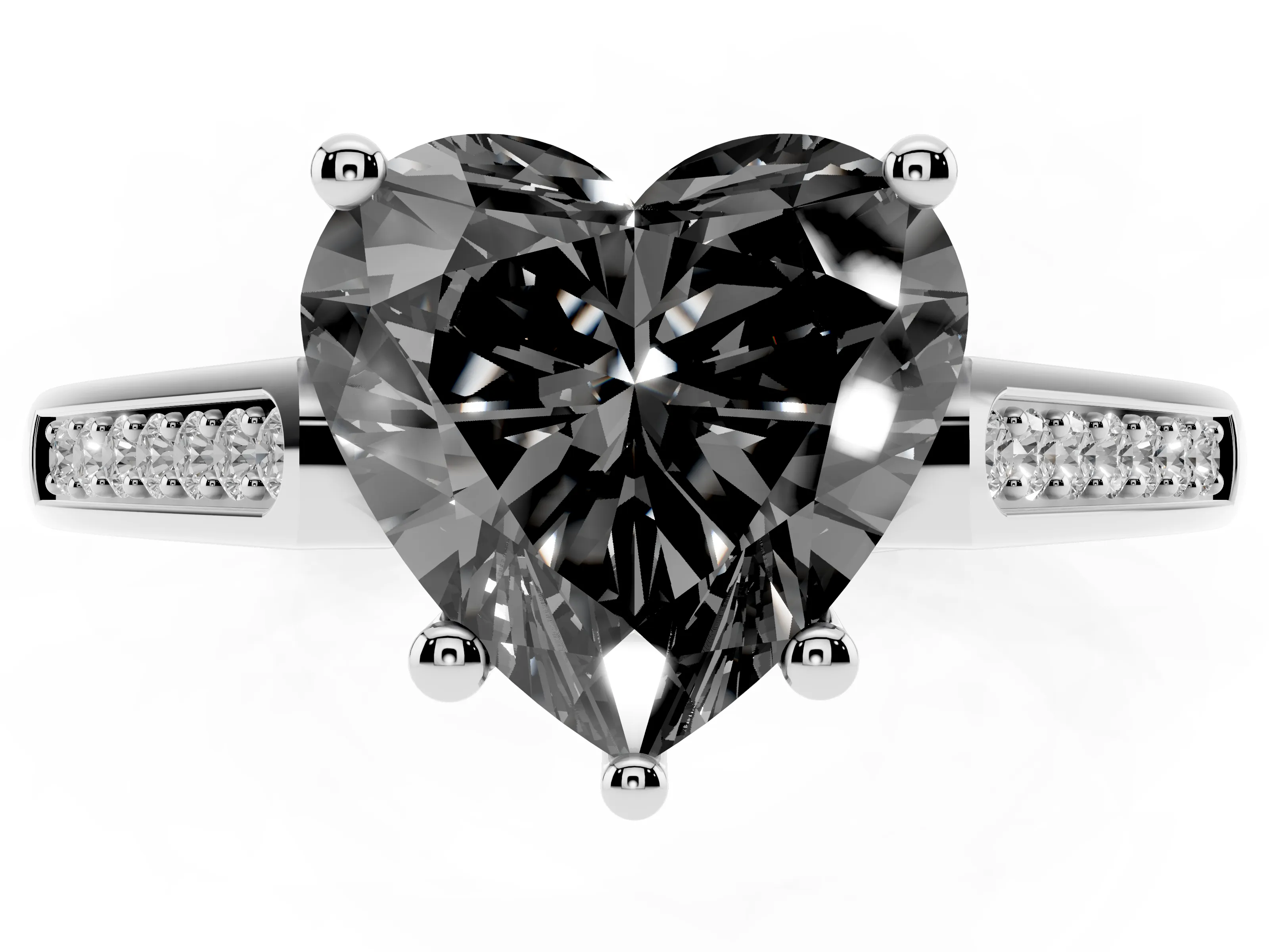 Fancy Black Heart Cut Diamond Solitaire Cathedral Engagement Ring Set in White gold with Channel-Set Band and Prong Setting