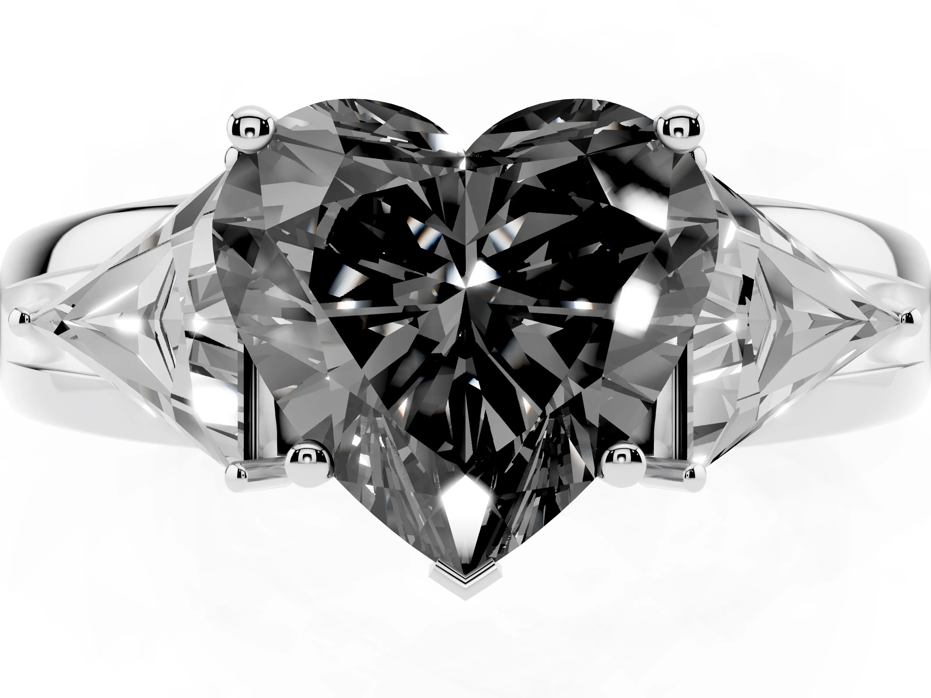 Fancy Black Heart Cut Diamond Three-Stone Ring Set in Platinum with Trillion Side Stones and Split Shank