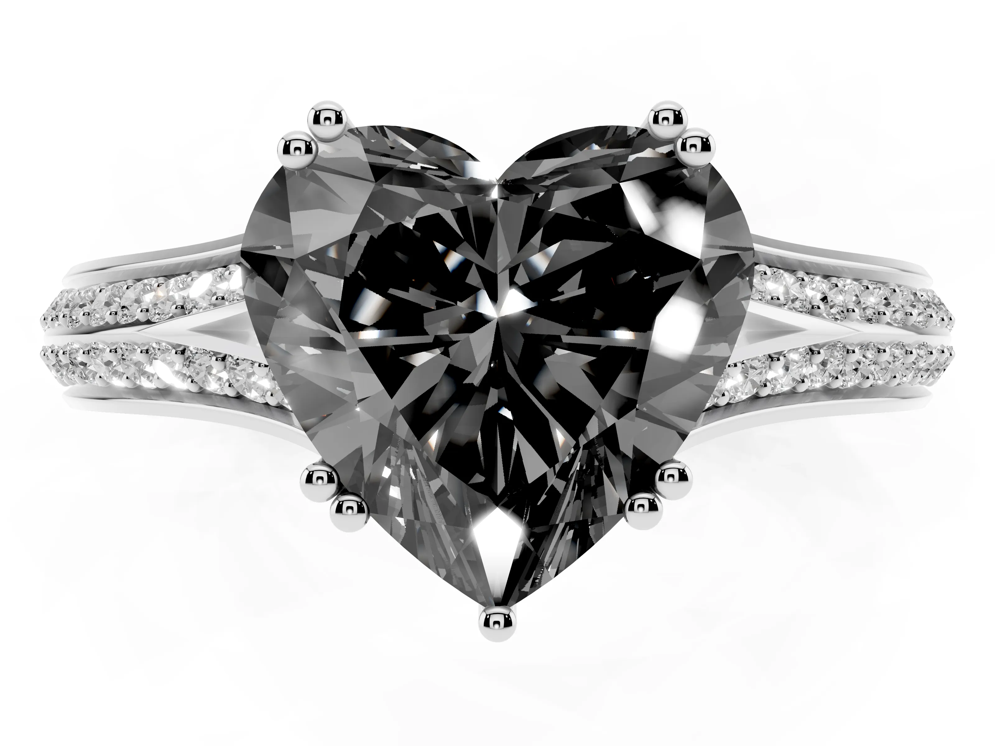 Fancy Black Heart Cut Diamond Split Shank Pavé Engagement Ring Set in White gold with Prong-Set Center Stone