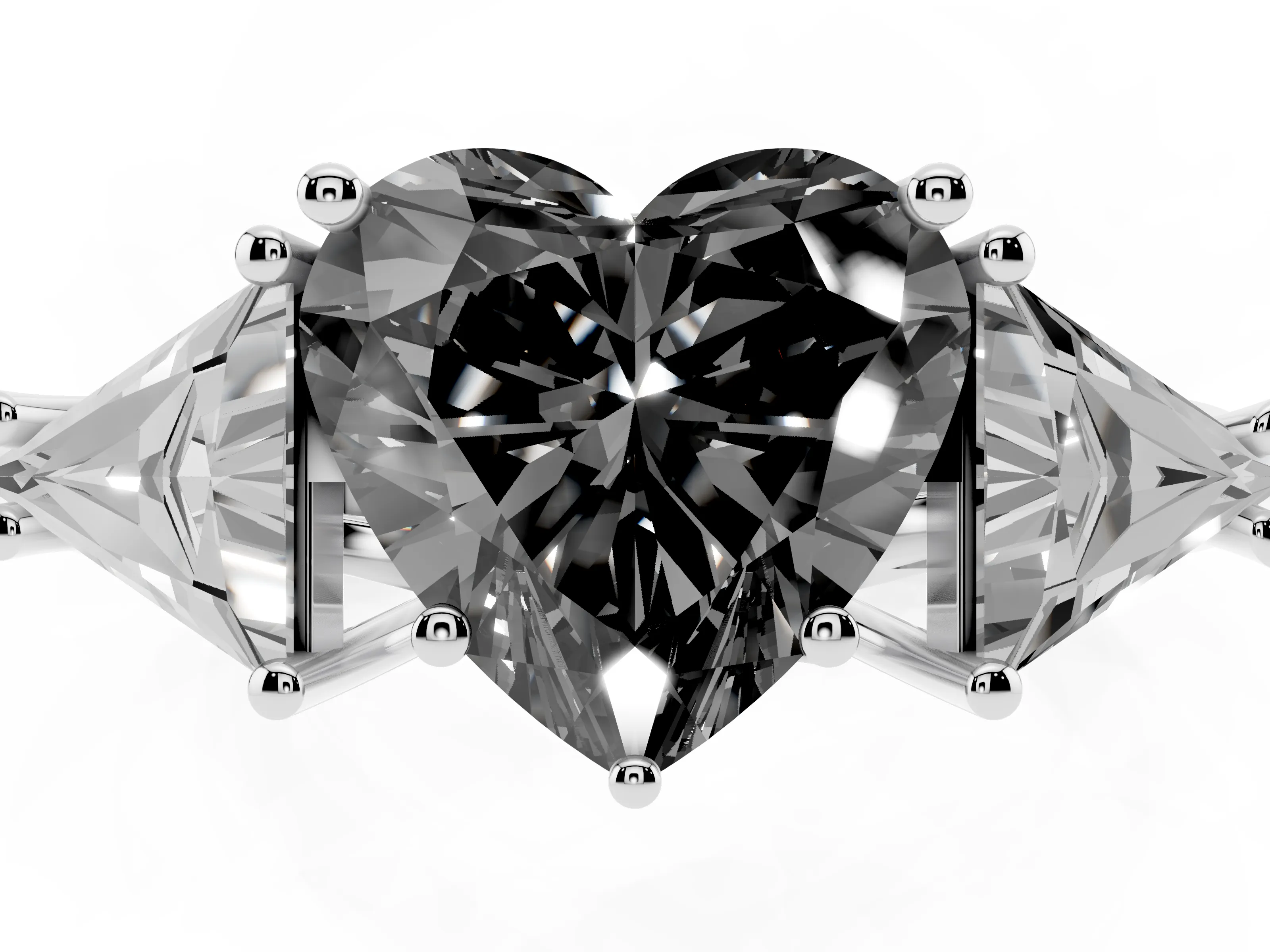 Fancy Black Heart Cut Diamond Three-Stone Engagement Ring Set in Silver with Trillion Side Stones
