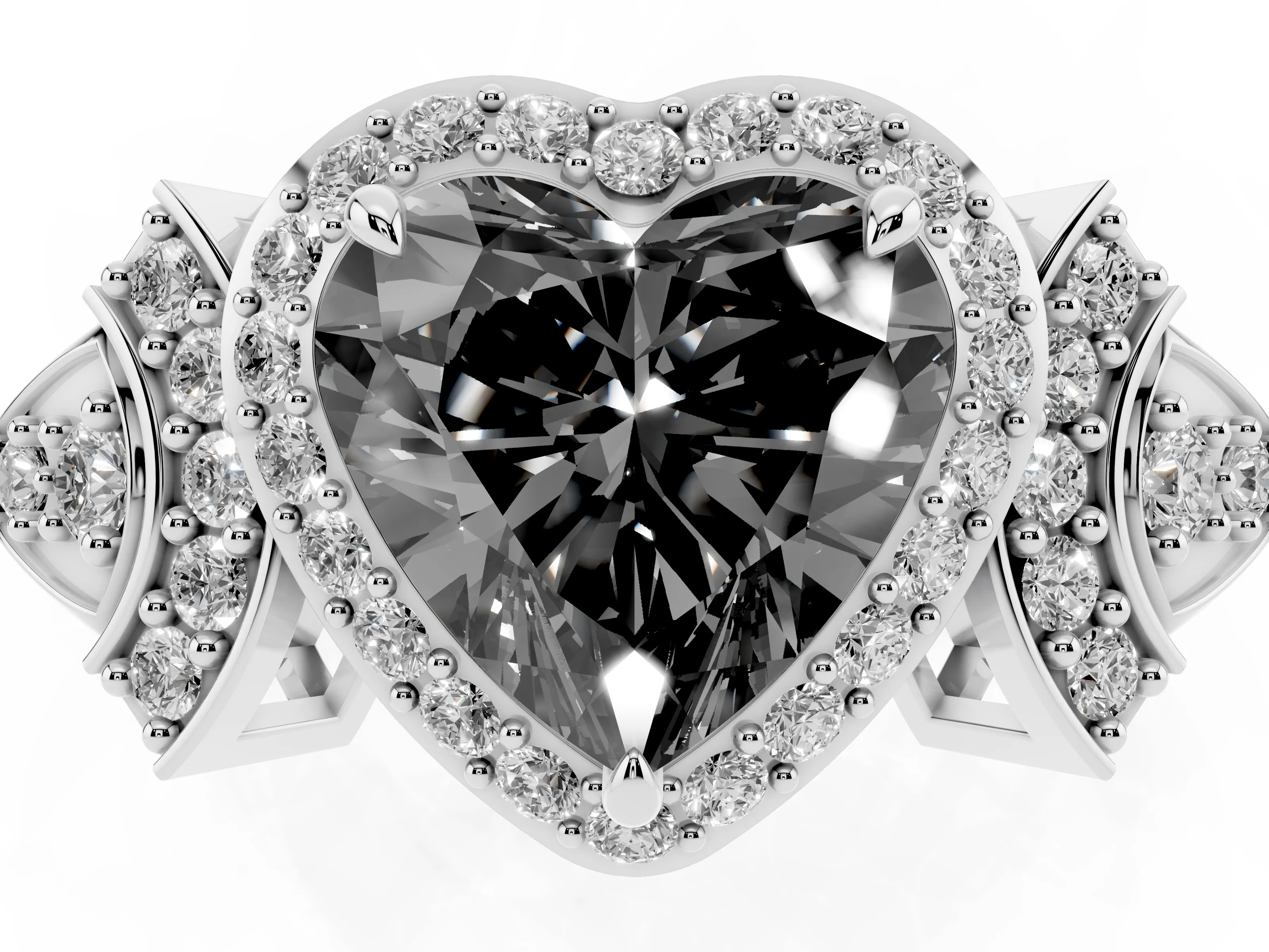 Fancy Black Heart Cut Diamond Halo Engagement Ring Set in White gold with Accent Stone Split Shank