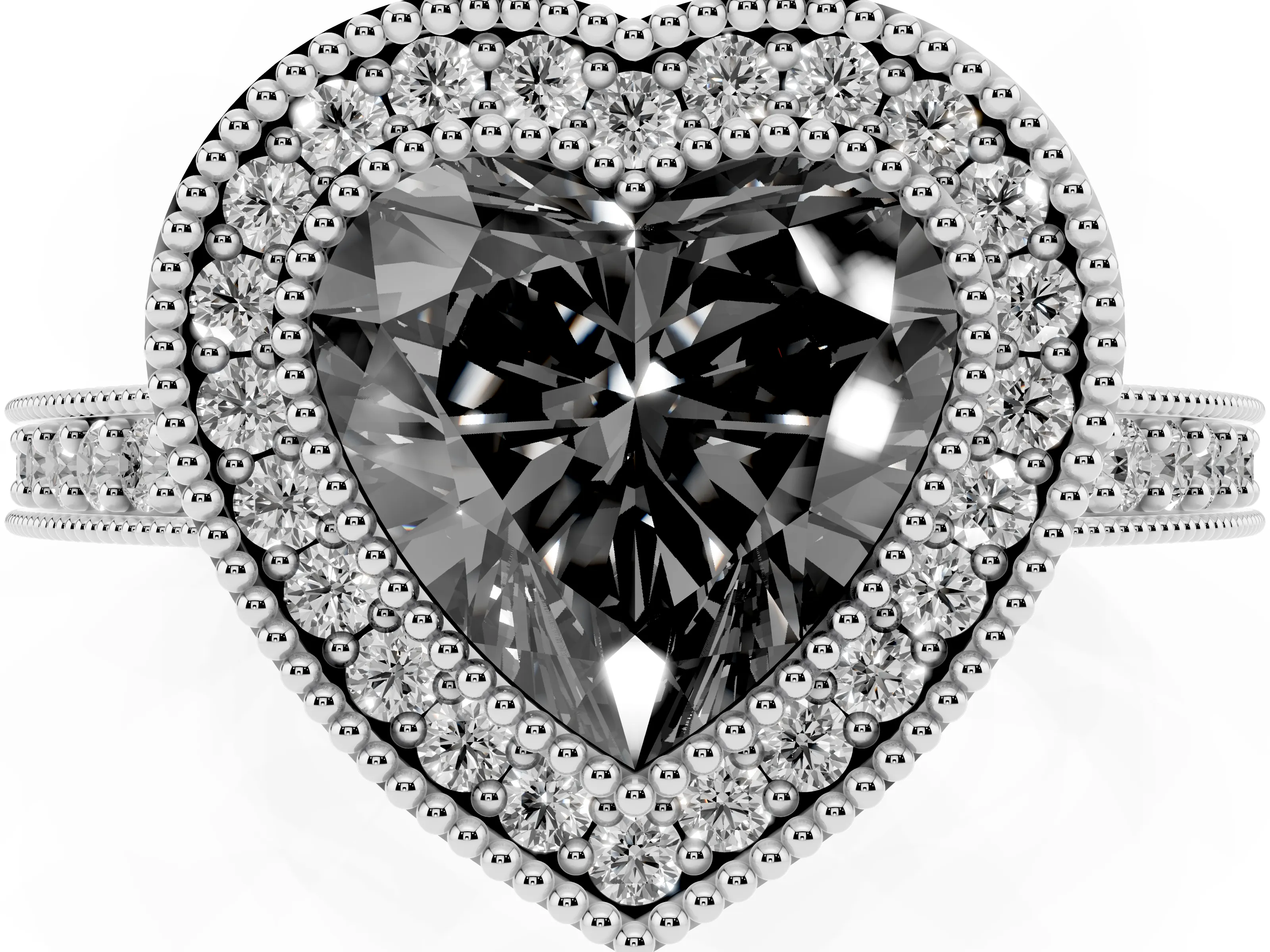 Fancy Black Heart Cut Diamond Halo Engagement Ring Set in Platinum with Pavé Band and Round Halo Stones