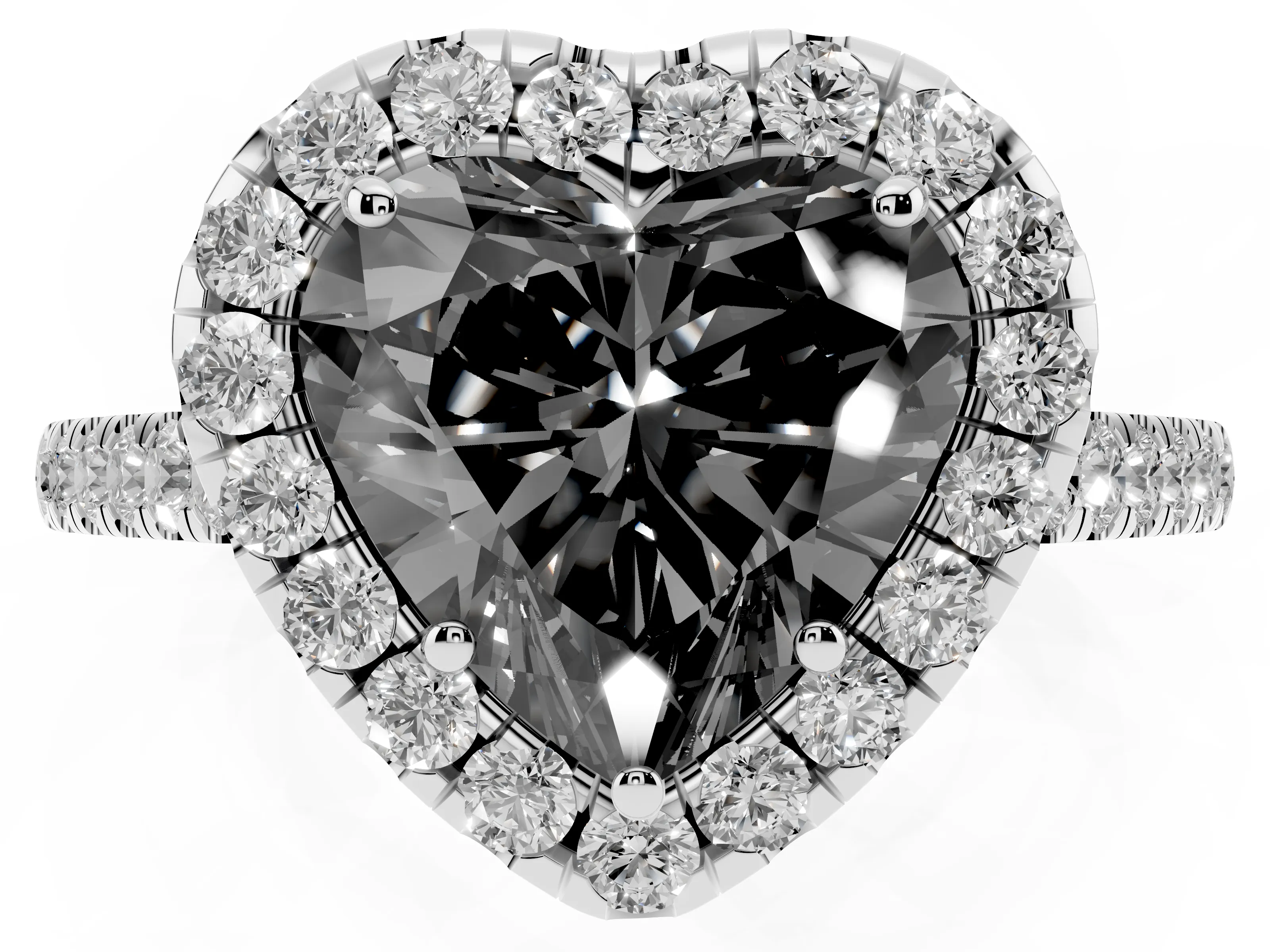 Fancy Black Heart Cut Diamond Halo Pavé Engagement Ring Set in White gold with Prong Setting