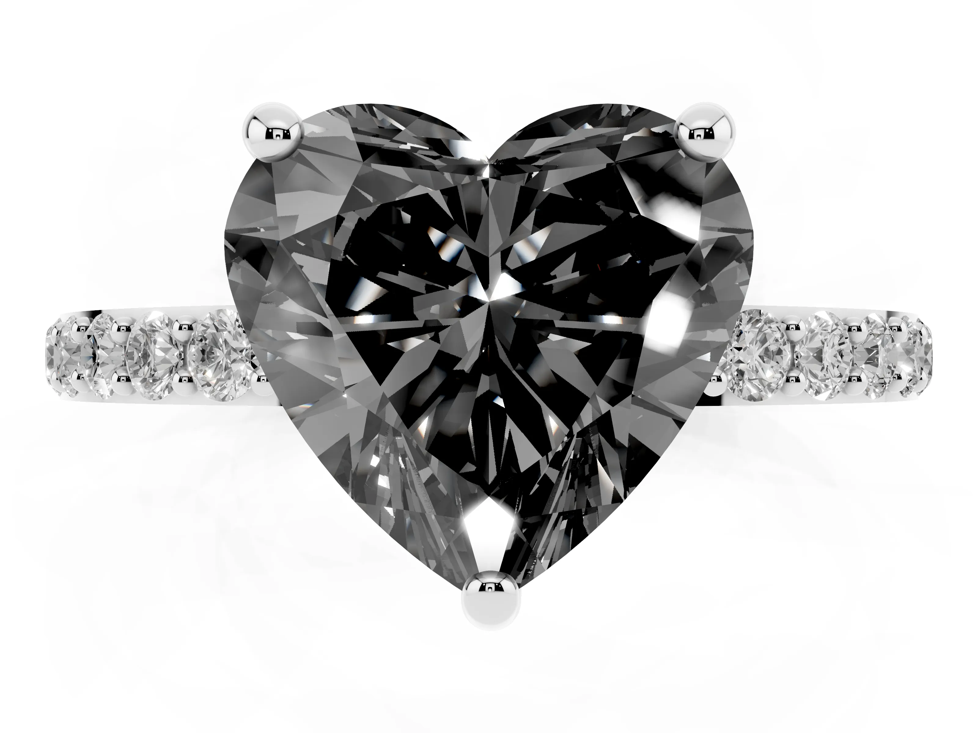 Fancy Black Heart Cut Diamond Solitaire Ring Set in Platinum with Round Pavé Band and Prong Setting
