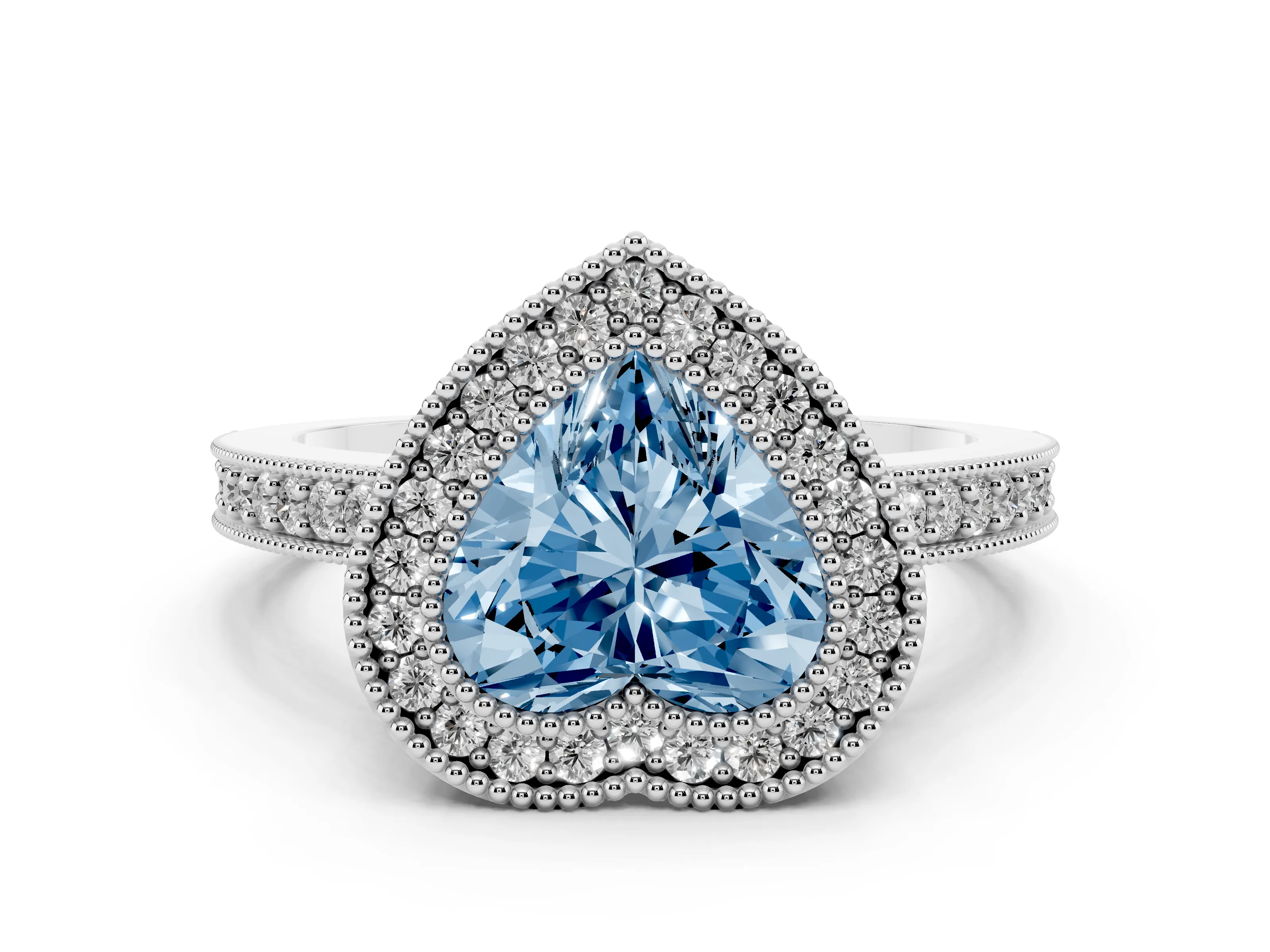 Fancy Blue Heart Cut Diamond Halo Engagement Ring Set in Silver with Pavé Band and Round Halo Stones