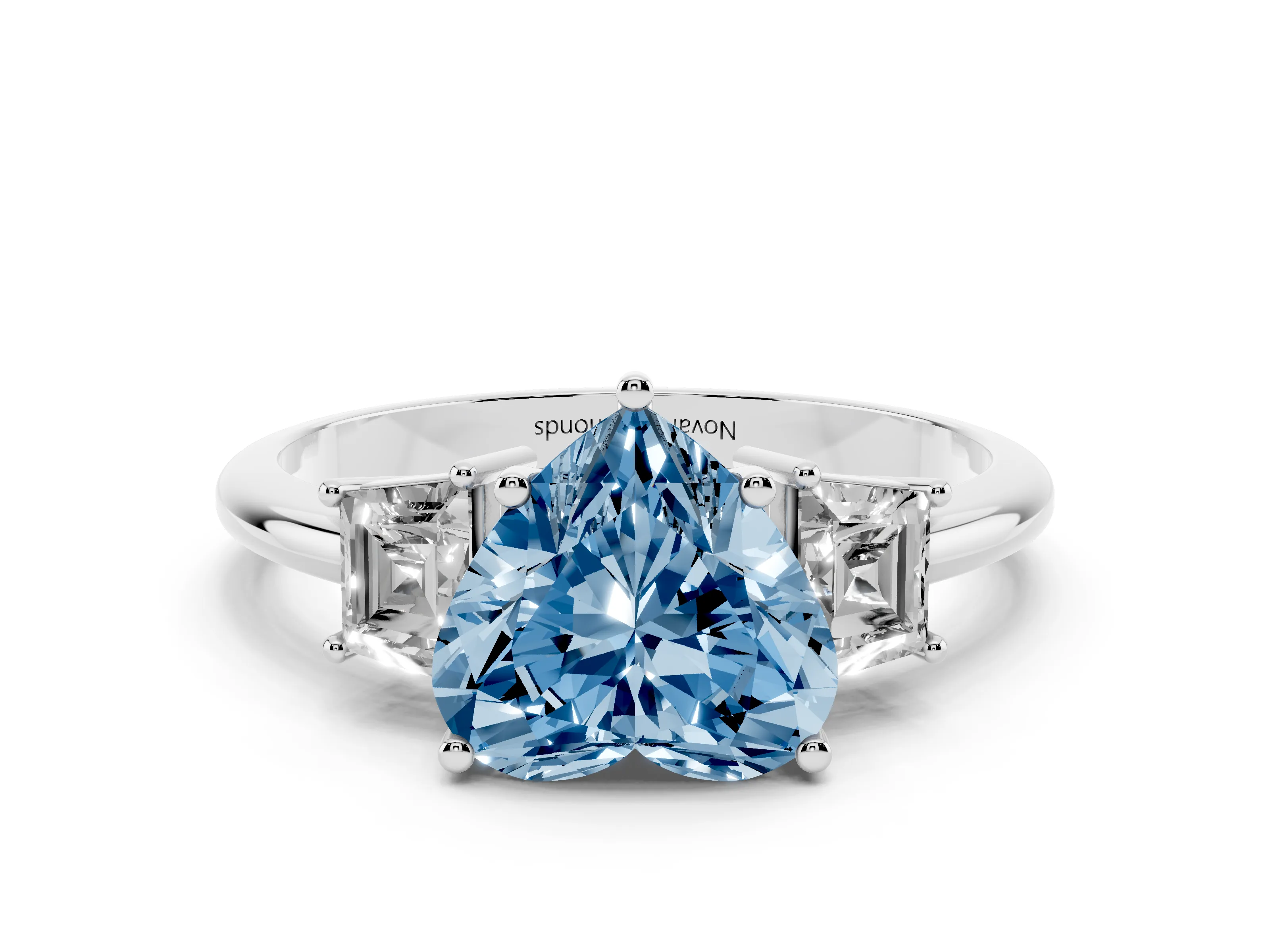 Fancy Blue Heart Cut Diamond Three-Stone Ring Set in Silver with Trapezoid Side Stones and Prong Setting