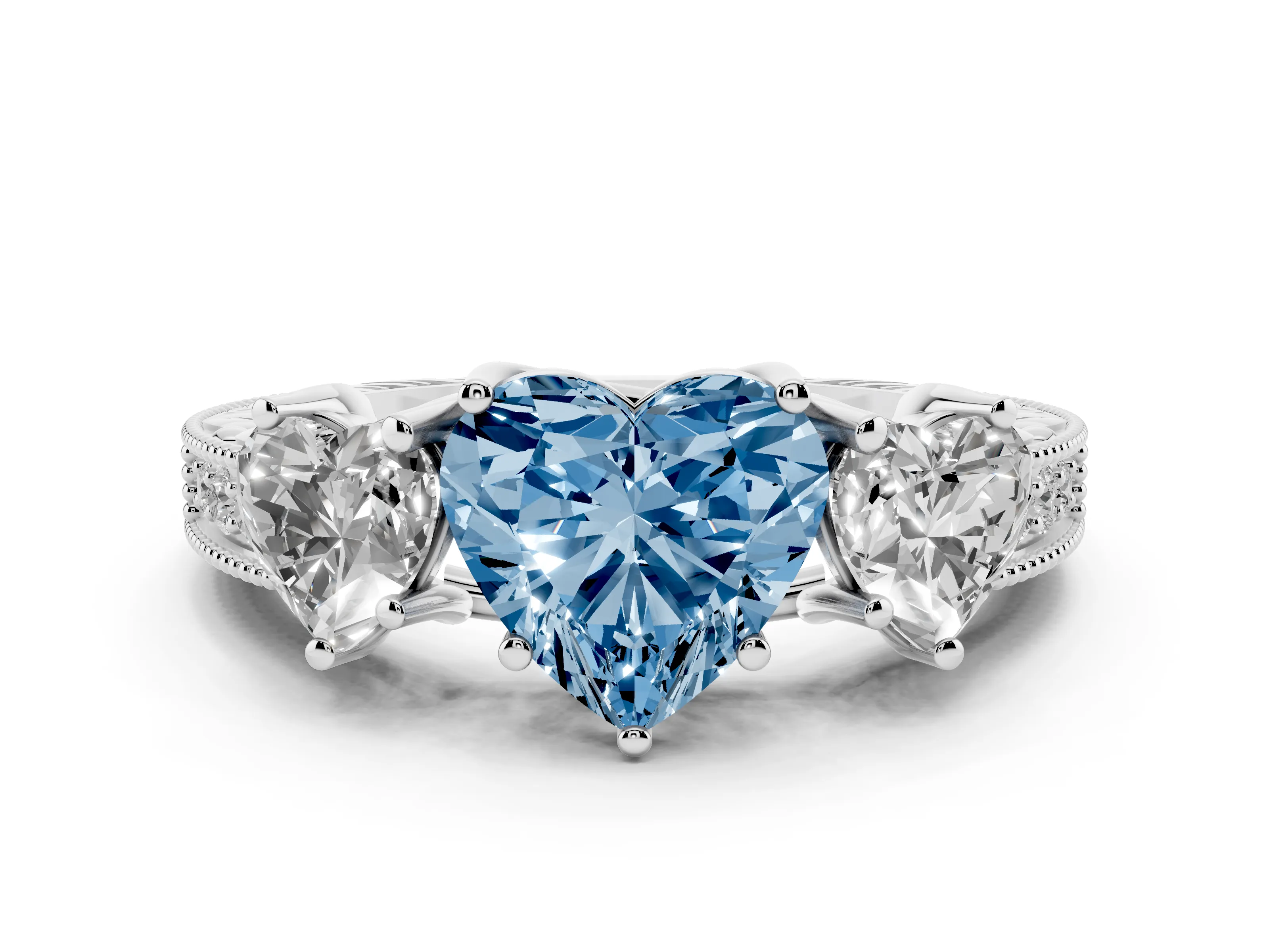 Fancy Blue Heart Cut Diamond Three-Stone Engagement Ring Set in Platinum with Milgrain Pavé Band