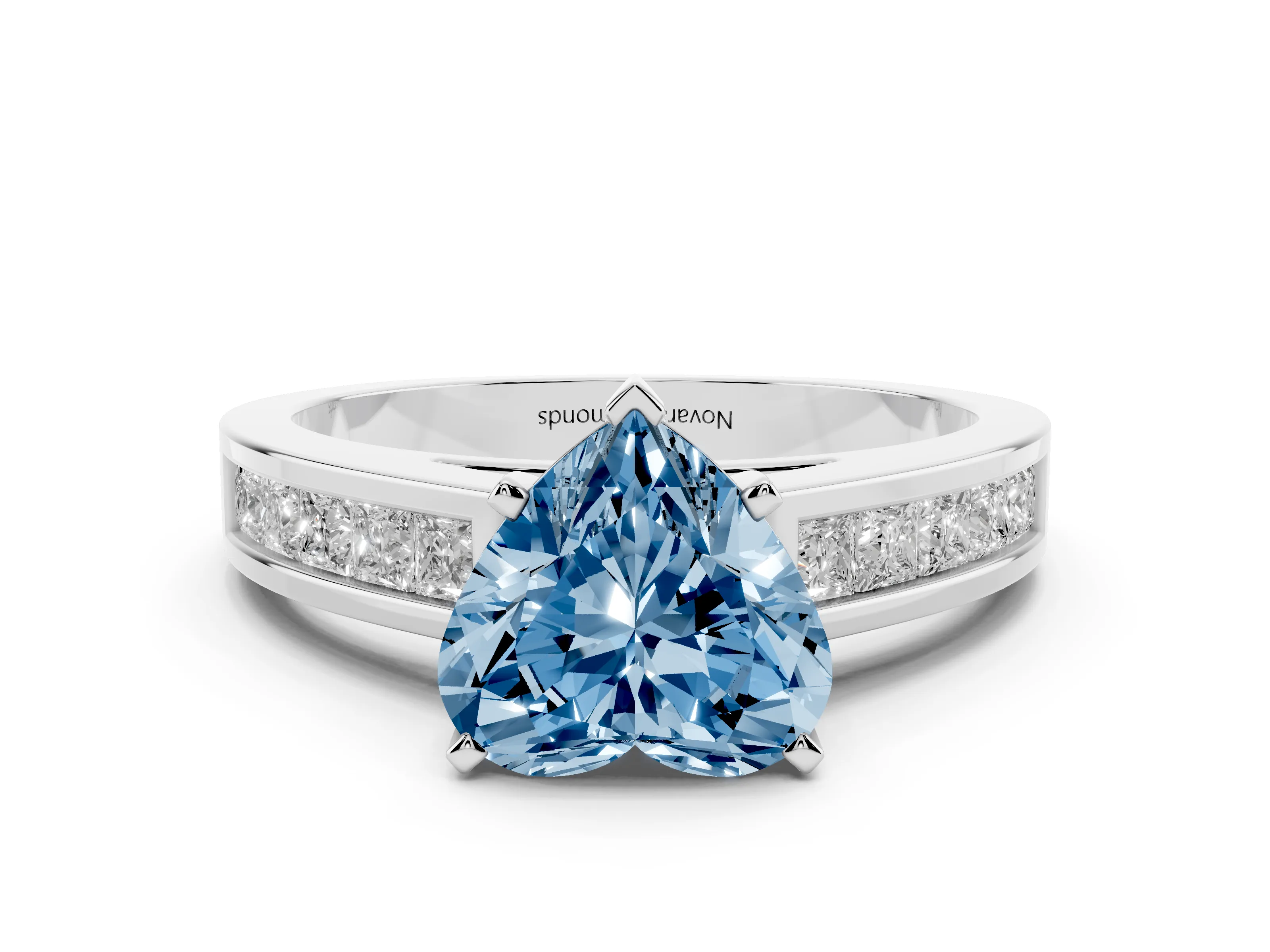 Fancy Blue Heart Cut Diamond Solitaire Ring Set in White gold with Channel-Set Band and Prong Setting