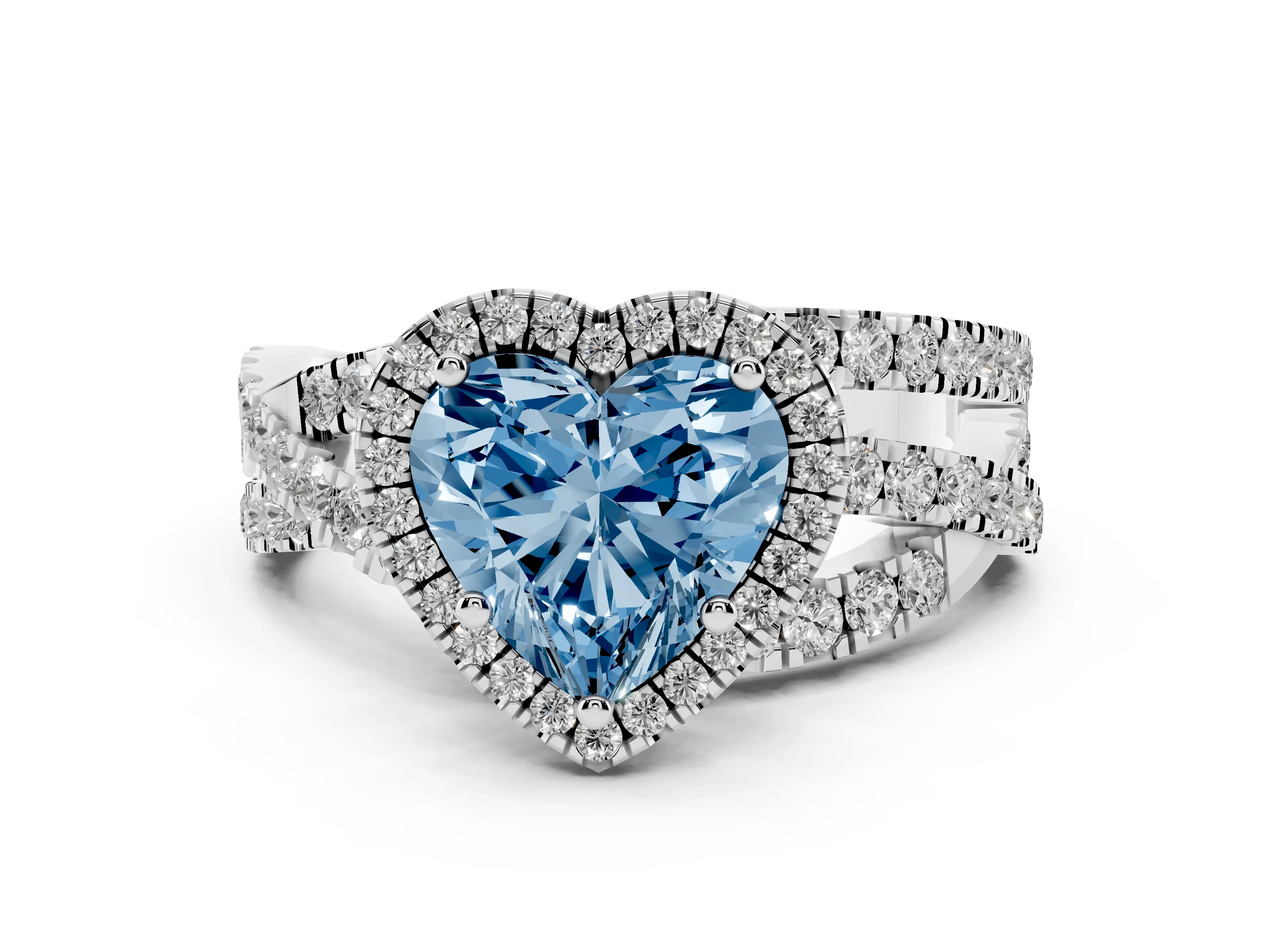 Fancy Blue Heart Cut Diamond Halo Ring Set in White gold with Round Crossover Split Shank and Prong Setting