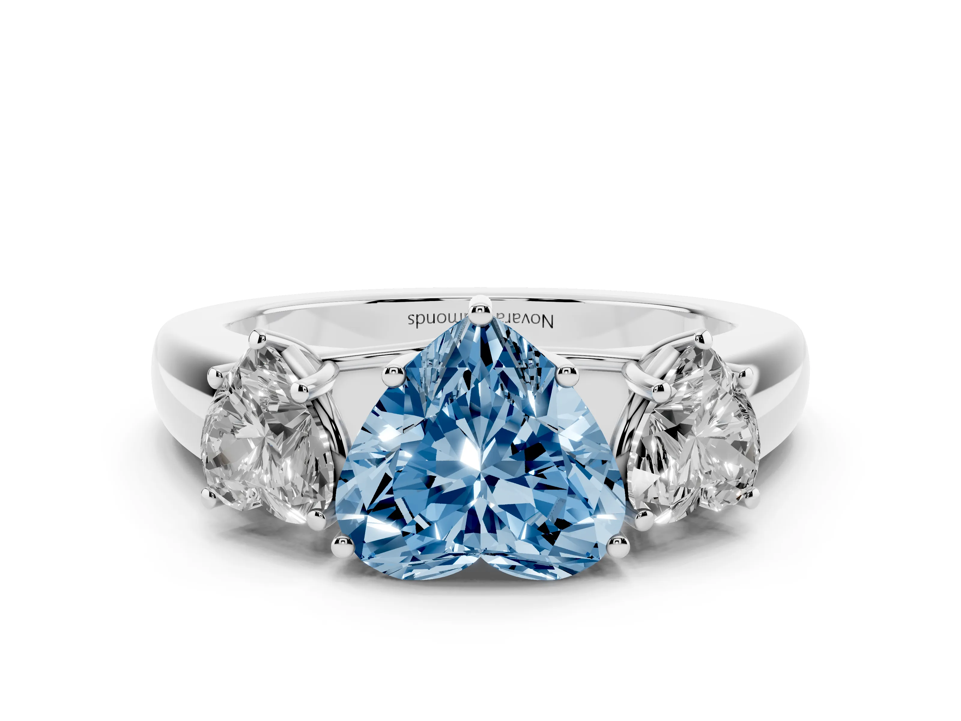 Fancy Blue Three-Stone Heart Cut Diamond Ring Set in Silver with Matching Prong Settings and Plain Band