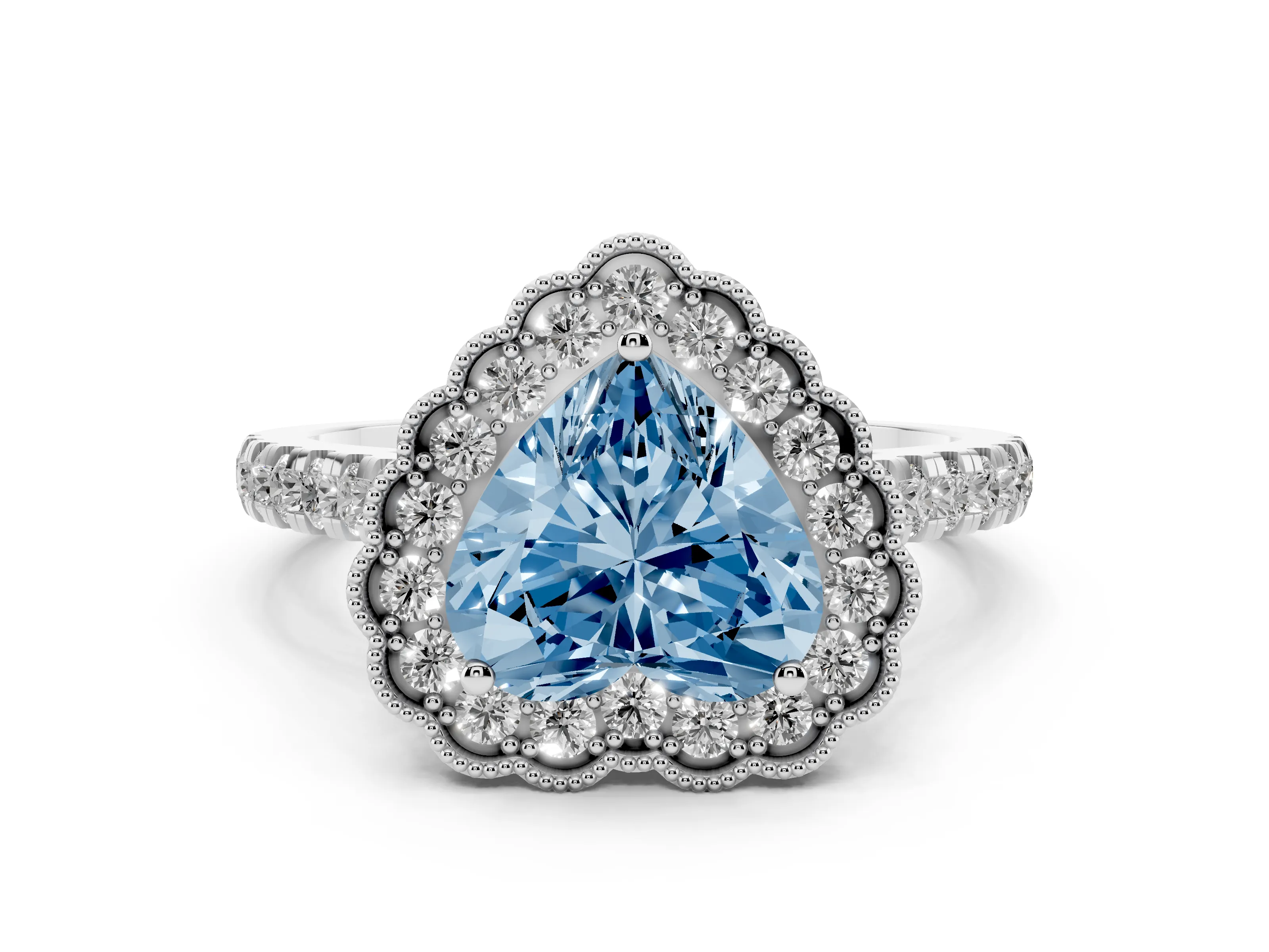 Fancy Blue Heart Cut Diamond Milgrain Floral Halo Engagement Ring Set in Platinum with Pavé Band
