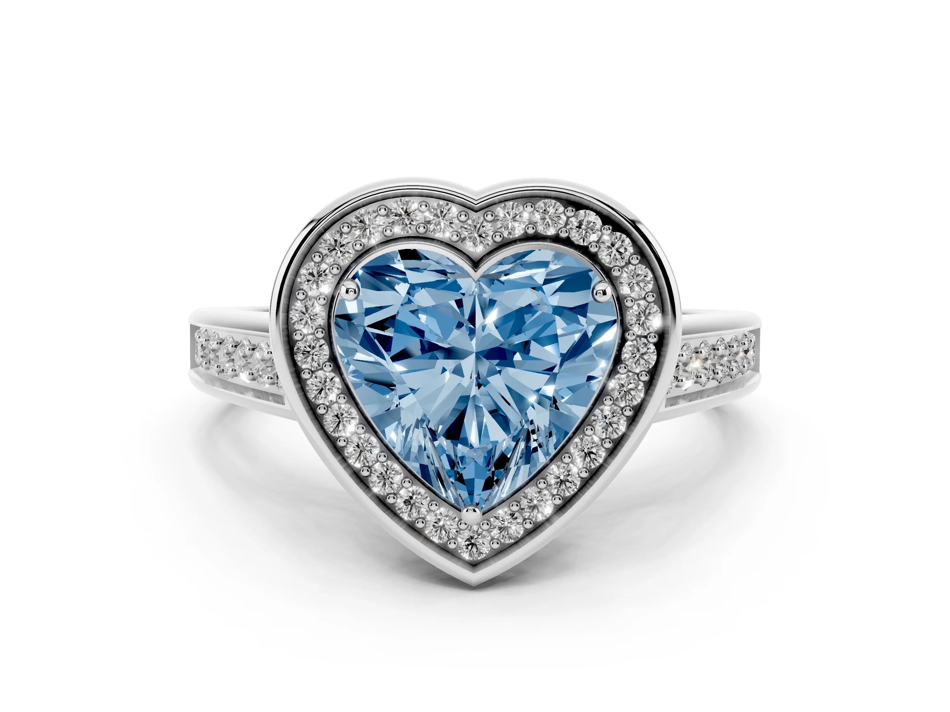 Fancy Blue Heart Cut Diamond Halo Solitaire Ring Set in Platinum with Pavé Band and Bezel Setting