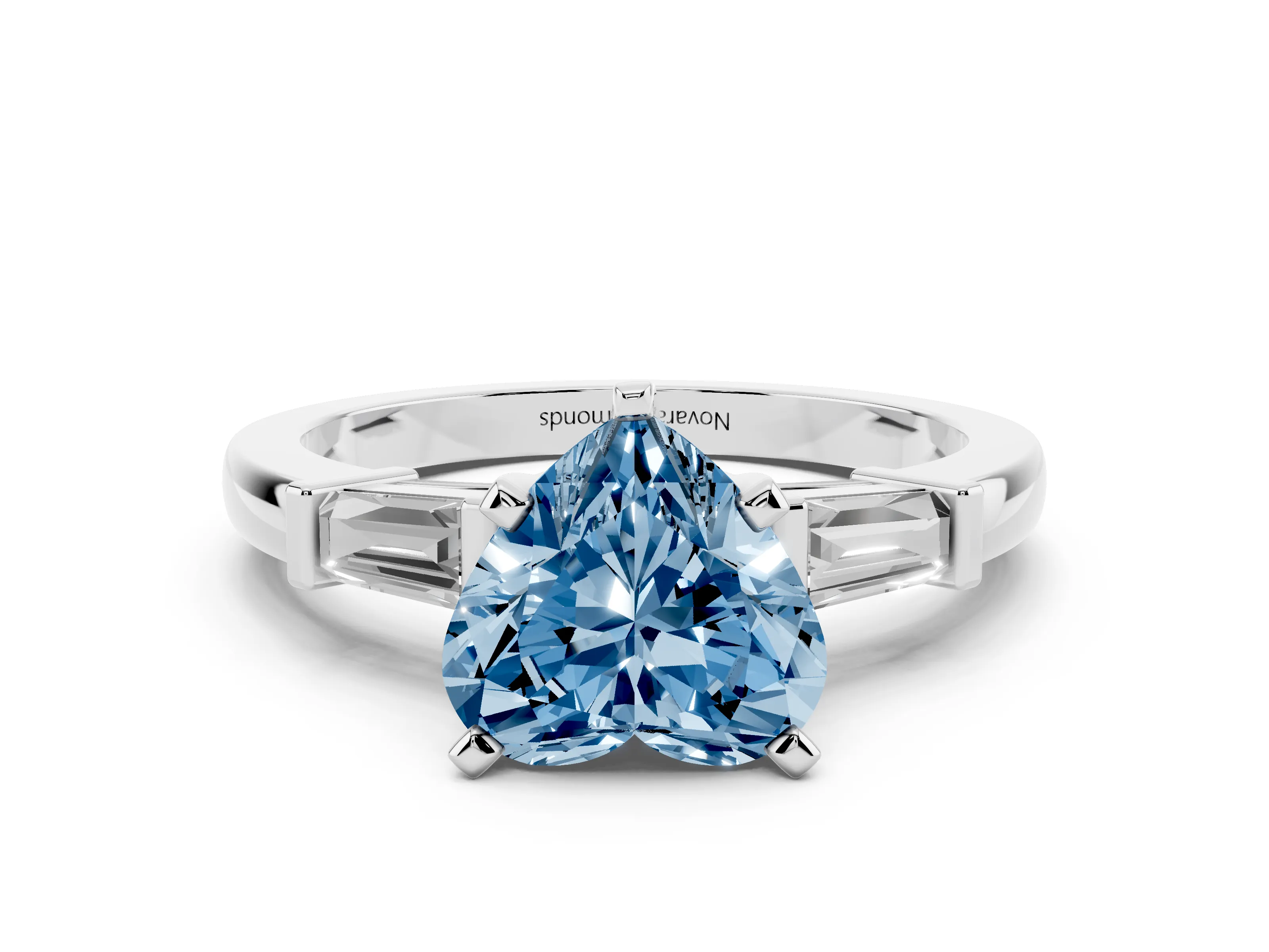 Fancy Blue Heart Cut Diamond Solitaire Ring Set in Silver with Tapered Baguette Accents and Prong Setting