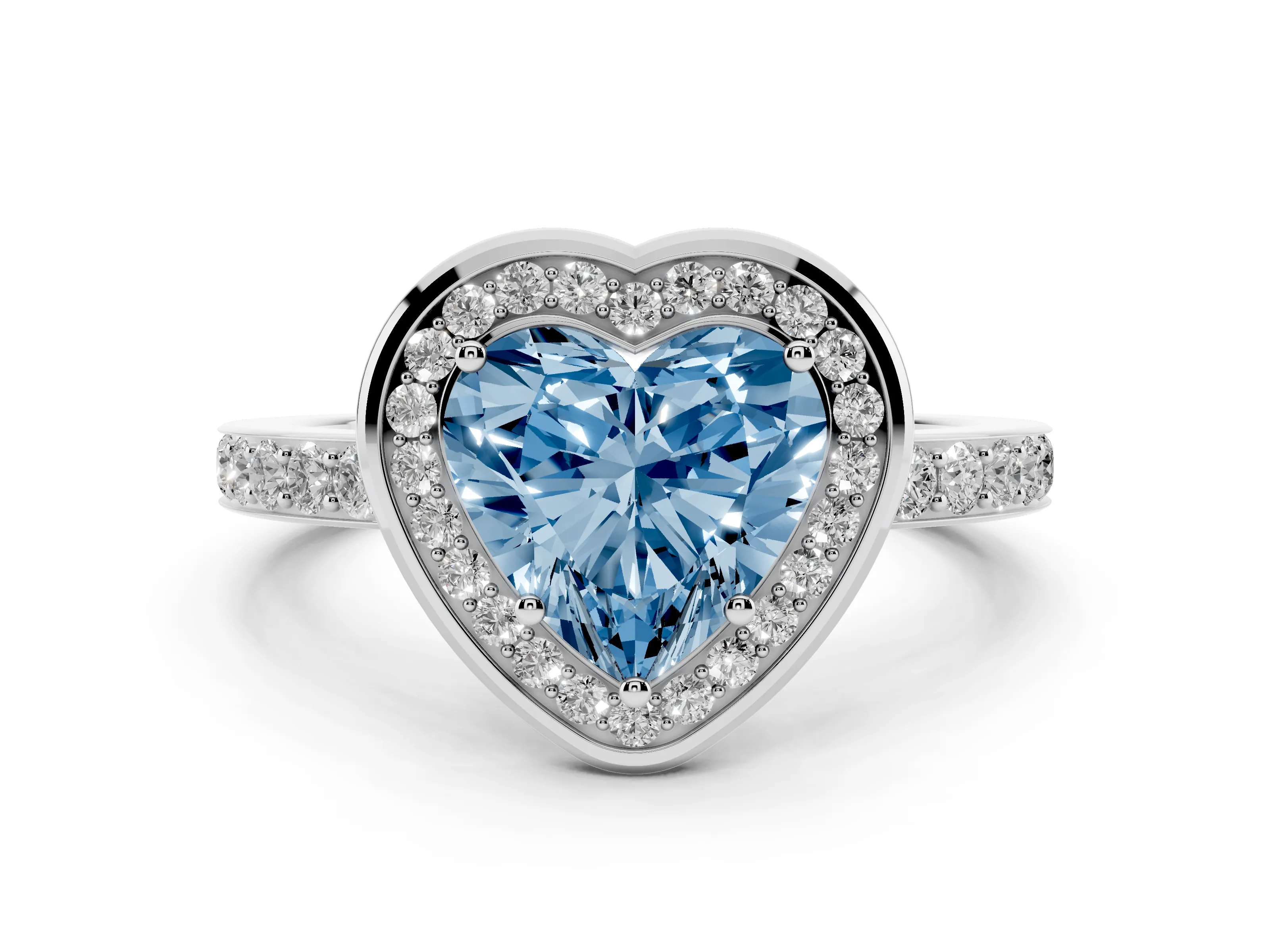 Fancy Blue Heart Cut Diamond Halo Ring Set in Silver with Bezel Frame and Pavé Band