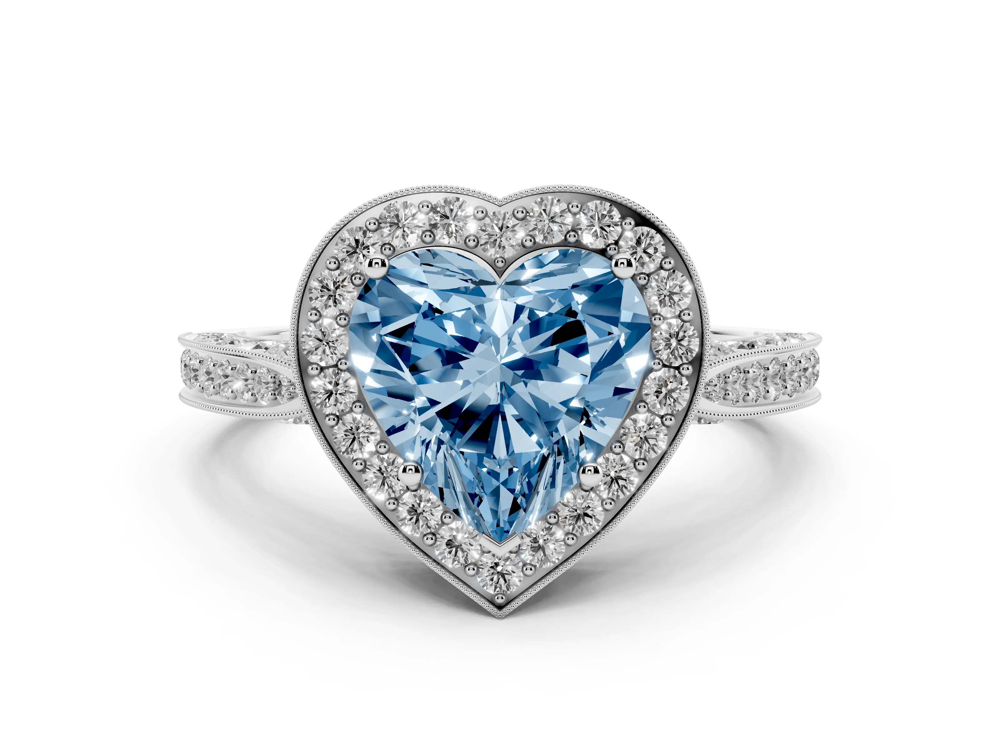 Fancy Blue Heart Cut Diamond Halo Engagement Ring Set in White gold with Accent Split Shank Band