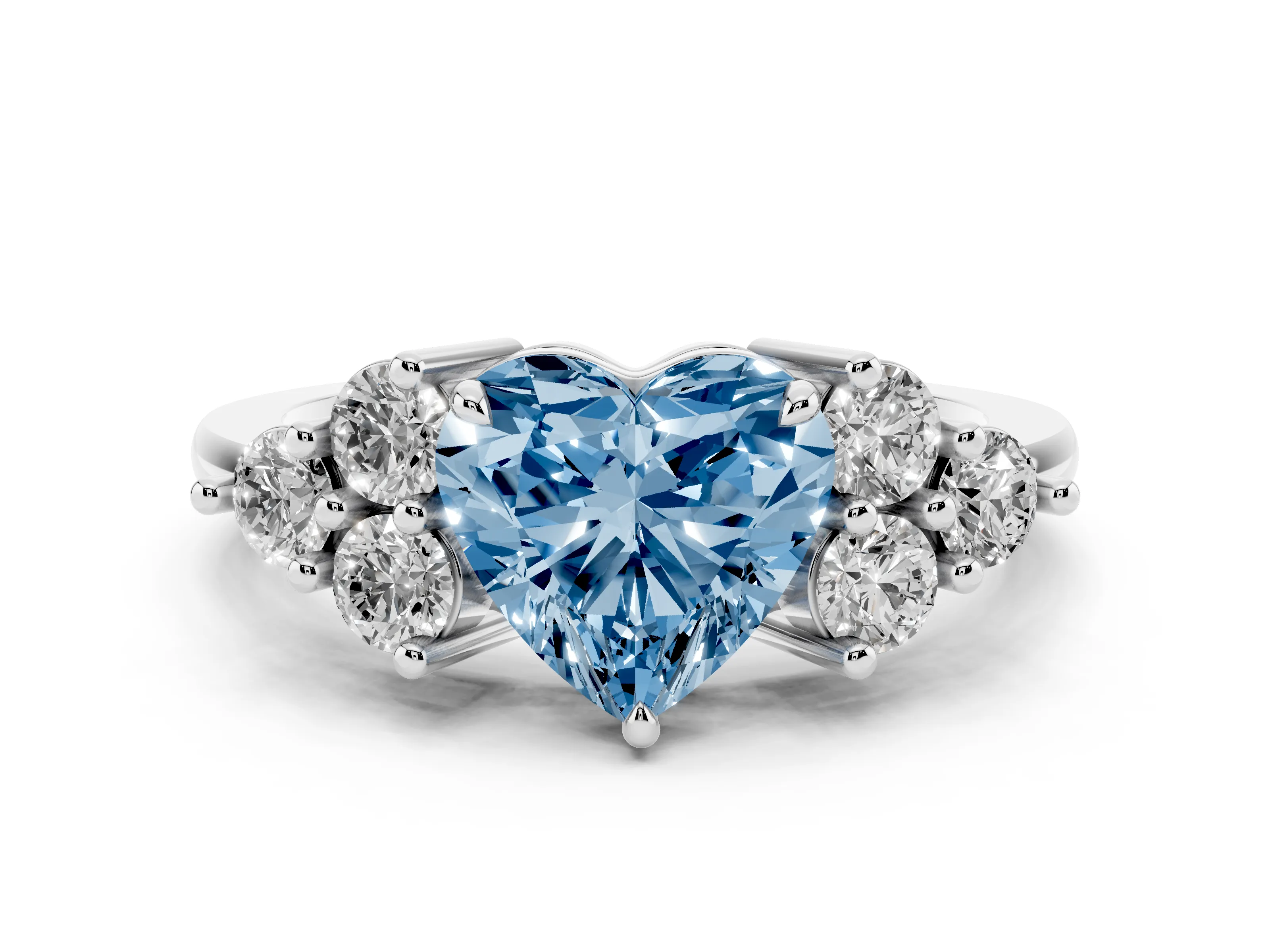 Fancy Blue Heart Cut Diamond Solitaire Ring Set in Platinum with Cluster Accents on Each Side
