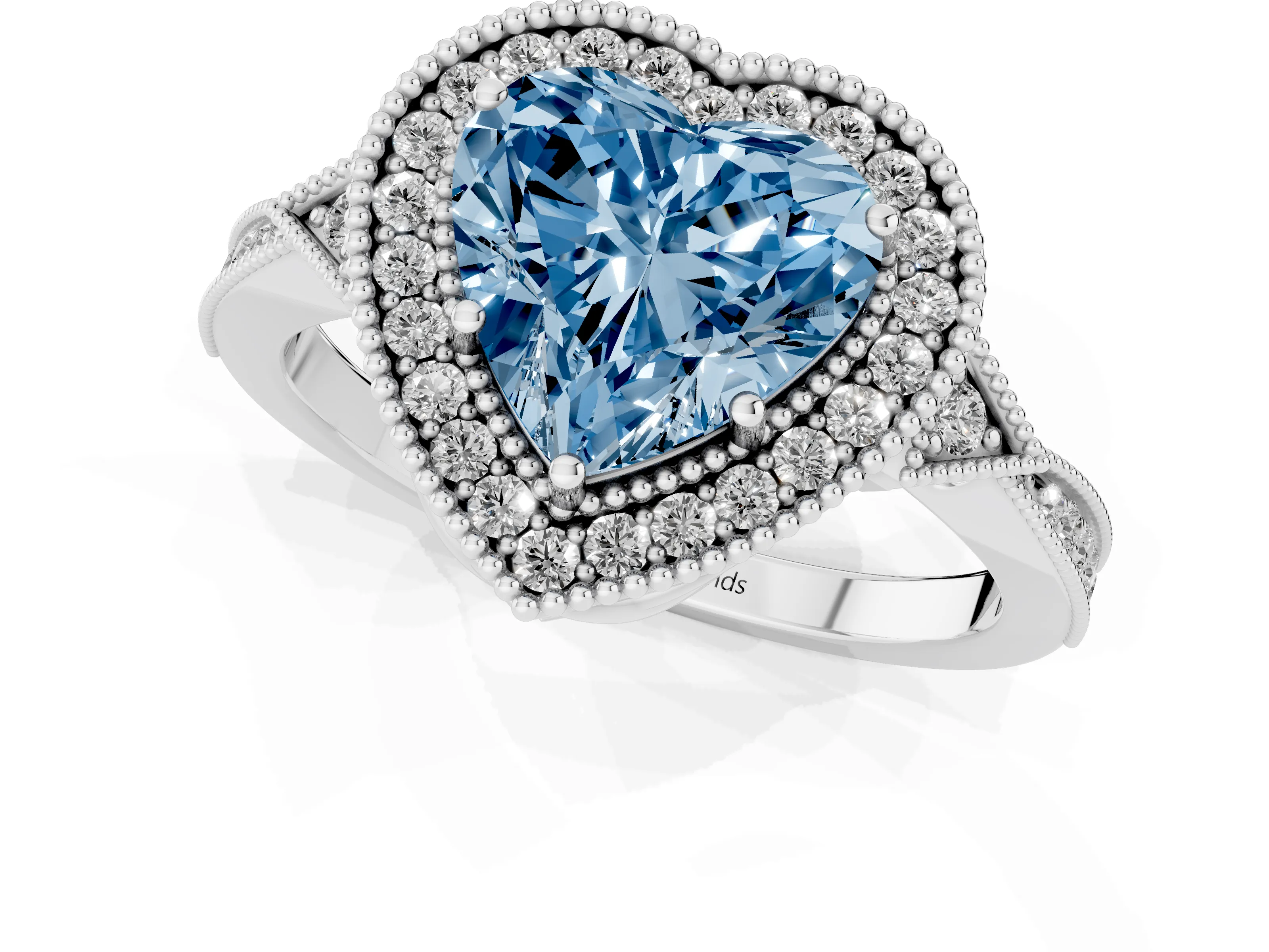 Fancy Blue Heart Cut Diamond Halo Engagement Ring Set in Platinum with Milgrain Pavé Band
