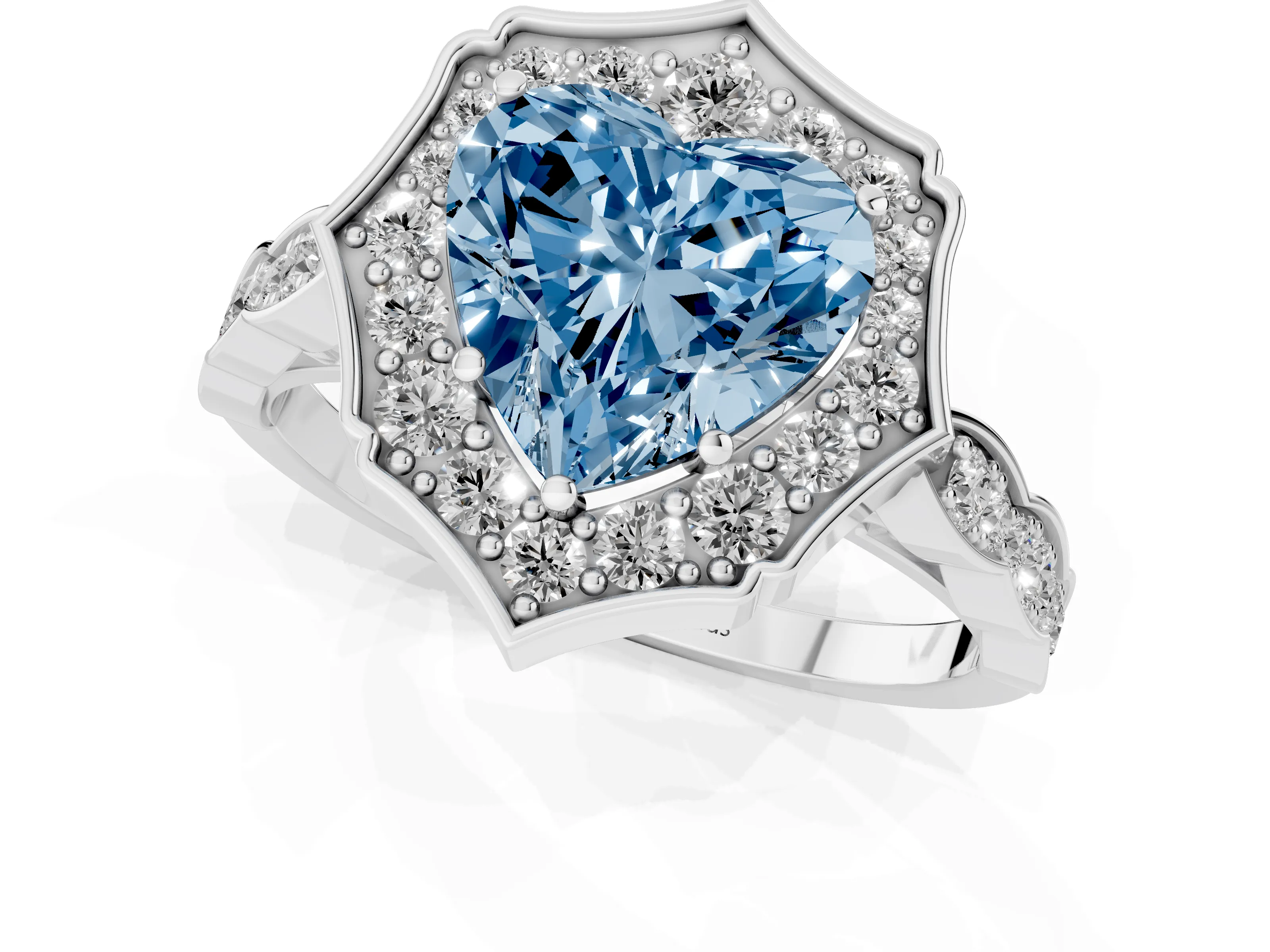 Fancy Blue Heart Cut Diamond Halo Engagement Ring Set in White gold with Milgrain Band and Prong Setting