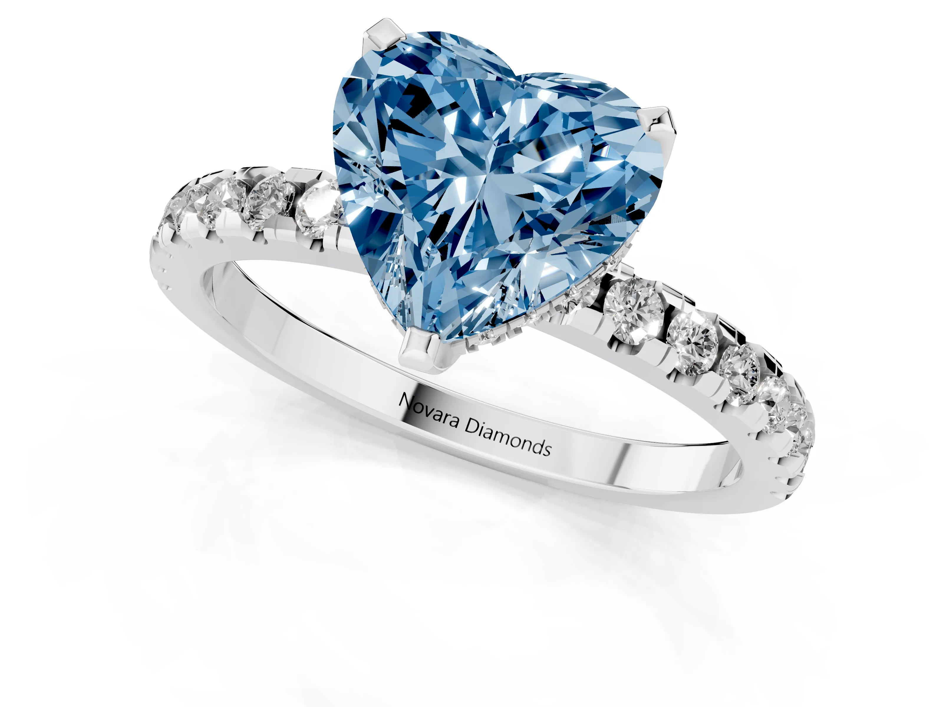 Fancy Blue Heart Cut Diamond Pavé Solitaire Ring Set in Platinum with Round Band Accents and Prong Setting