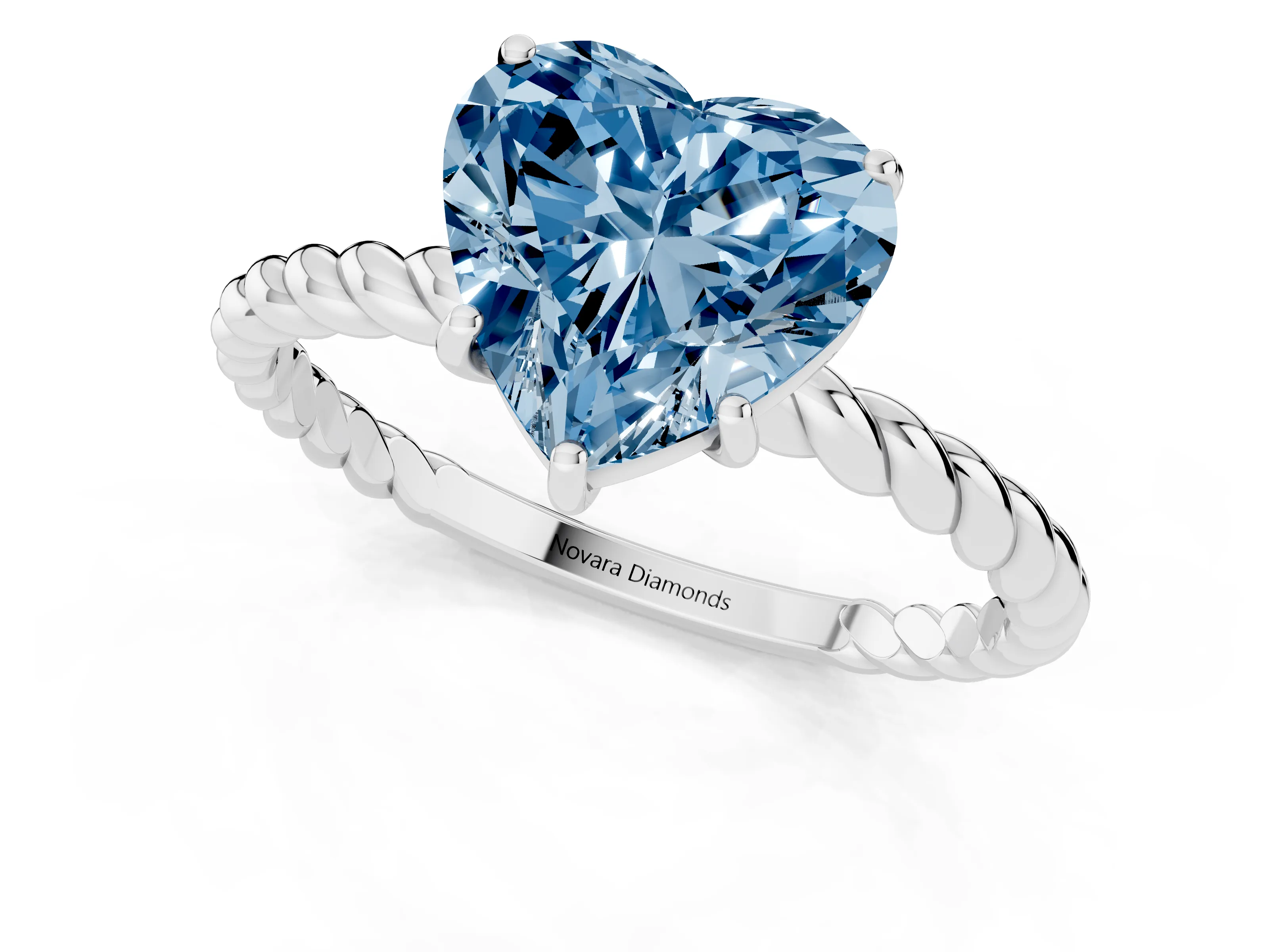 Fancy Blue Heart Cut Diamond Solitaire Ring Set in White gold with Twist Band and Prong Setting