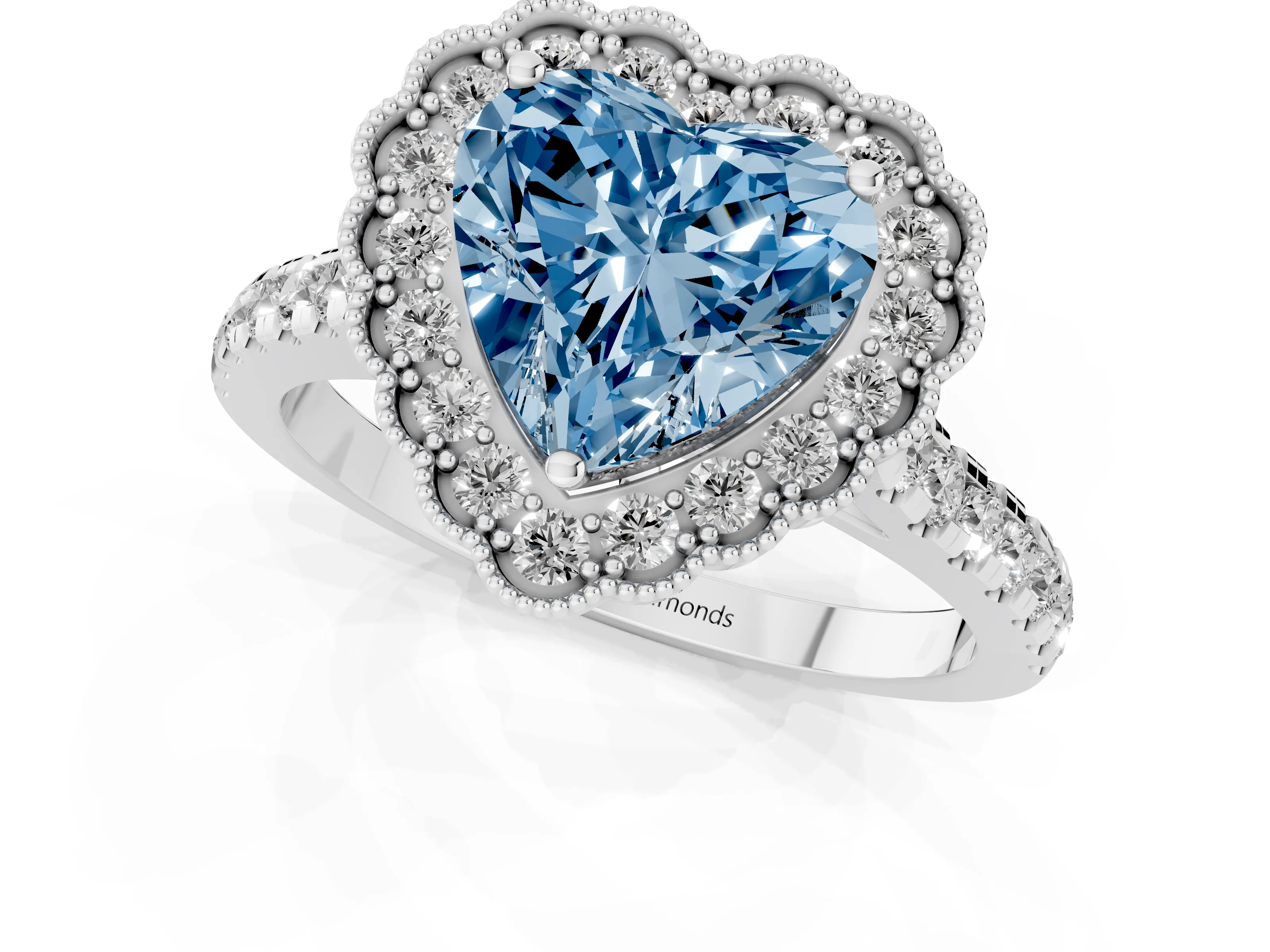 Fancy Blue Heart Cut Diamond Milgrain Floral Halo Engagement Ring Set in Platinum with Pavé Band